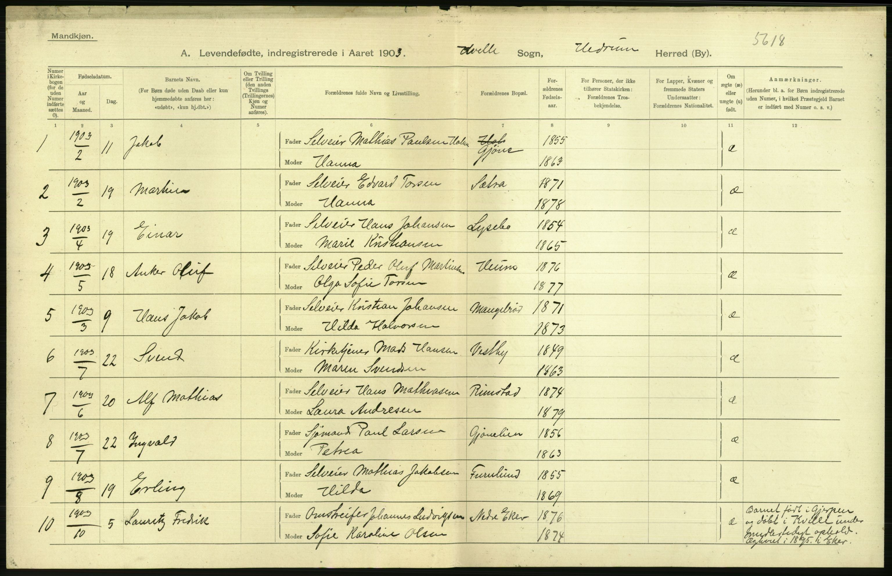 Statistisk sentralbyrå, Sosiodemografiske emner, Befolkning, AV/RA-S-2228/D/Df/Dfa/Dfaa/L0008: Jarlsberg og Larvik amt: Fødte, gifte, døde, 1903, s. 16