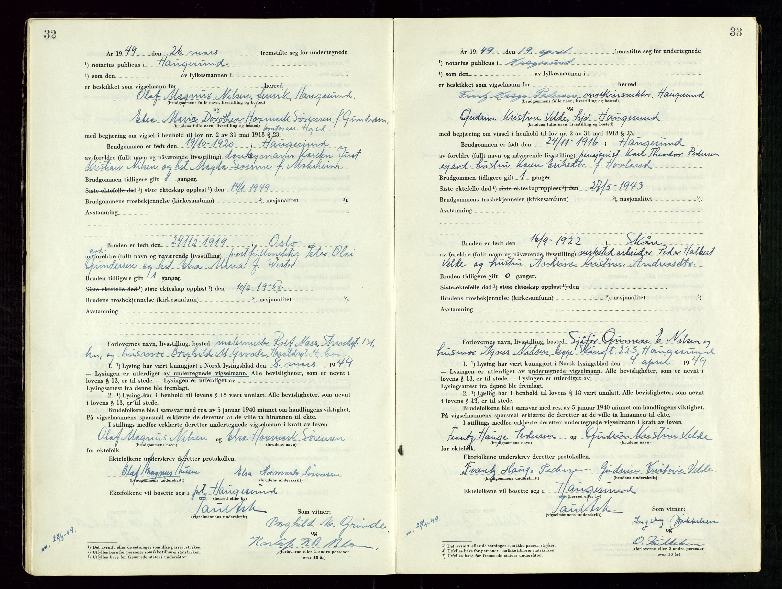 Haugesund tingrett, AV/SAST-A-101415/01/III/IIID/L0006: Vigselbok, 1948-1956, s. 32-33