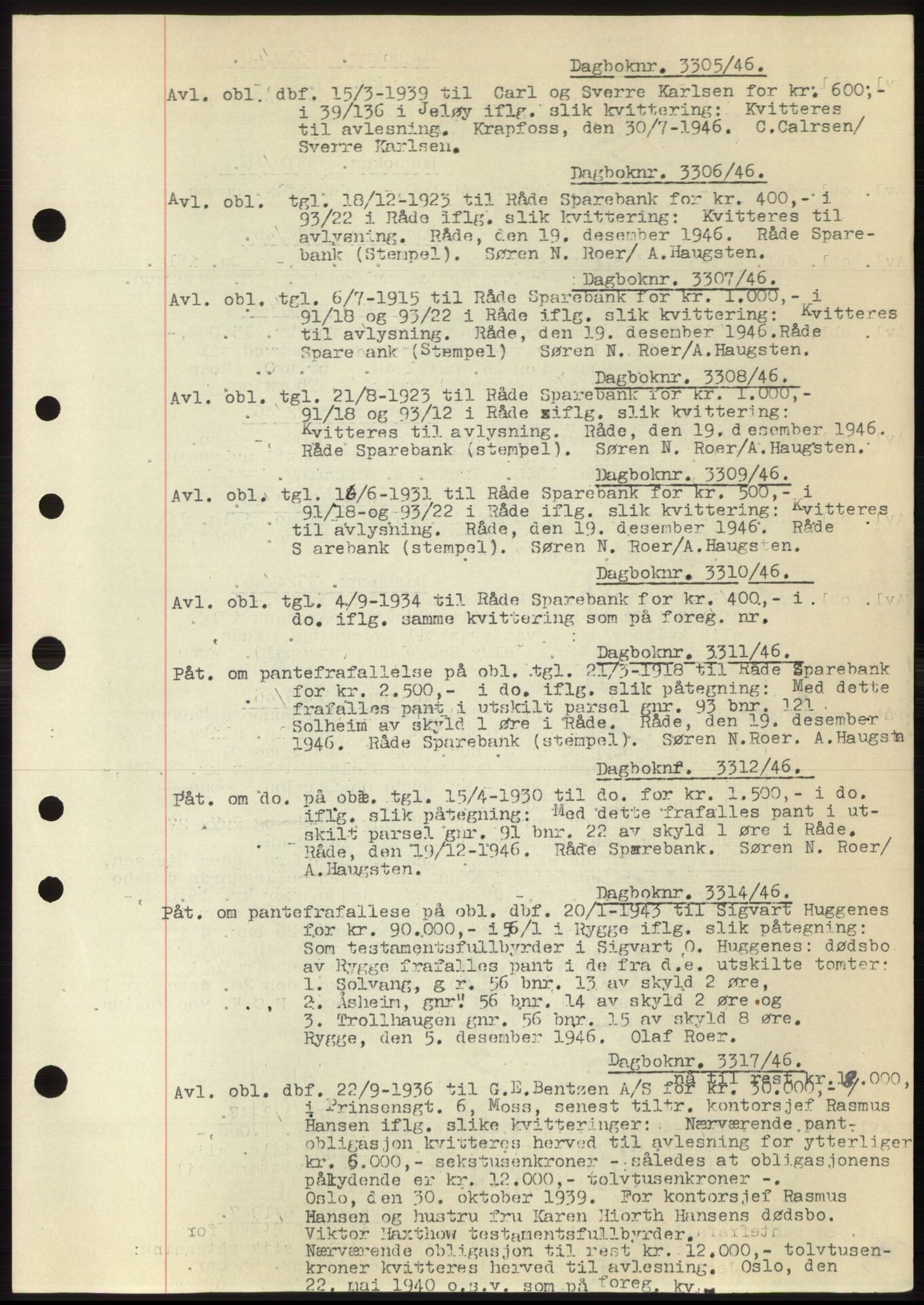 Moss sorenskriveri, SAO/A-10168: Pantebok nr. C10, 1938-1950, Dagboknr: 3305/1946