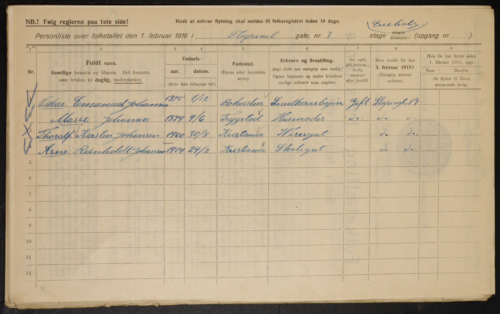 OBA, Kommunal folketelling 1.2.1916 for Kristiania, 1916, s. 107303