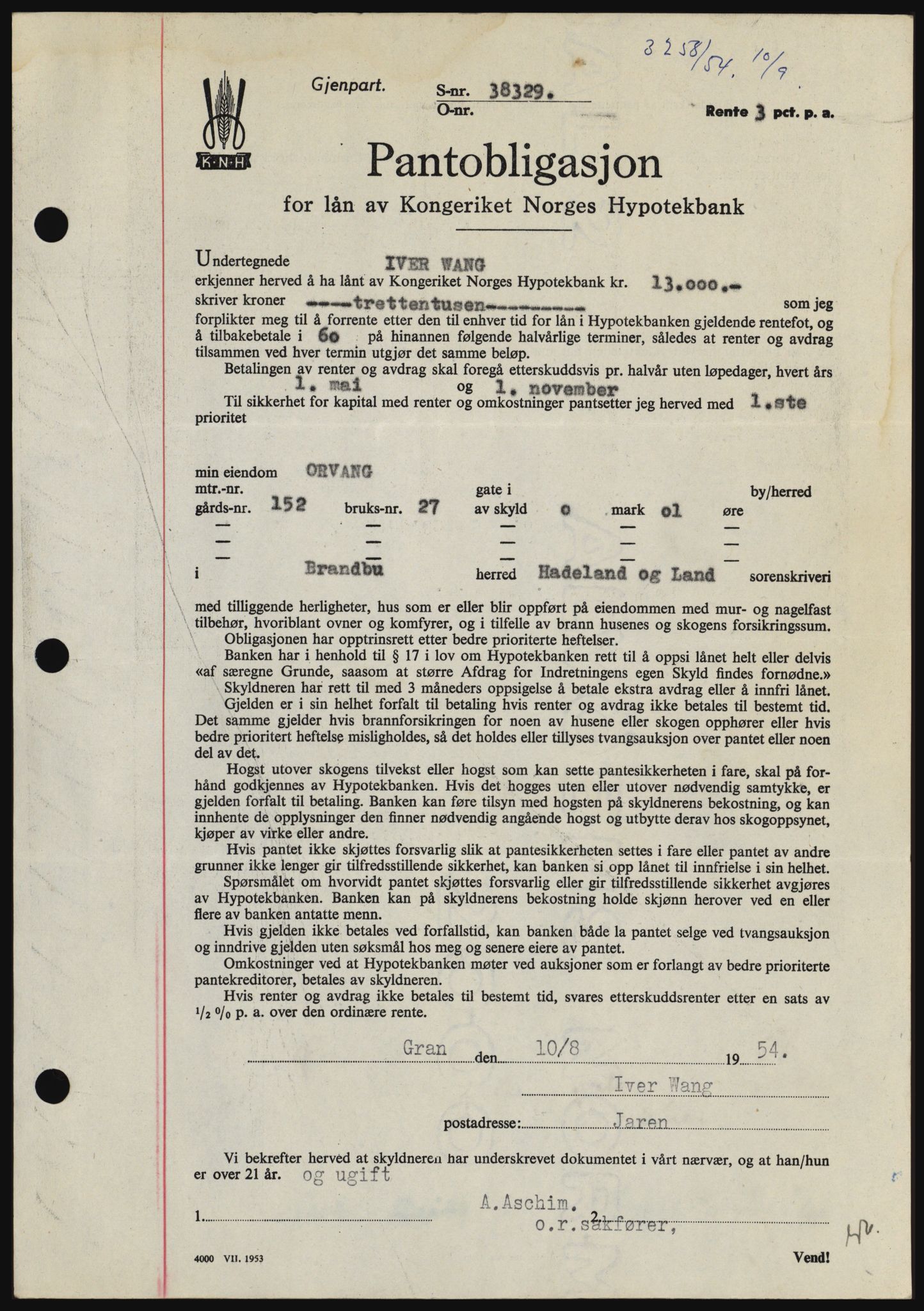 Hadeland og Land tingrett, SAH/TING-010/H/Hb/Hbc/L0030: Pantebok nr. B30, 1954-1954, Dagboknr: 3258/1954