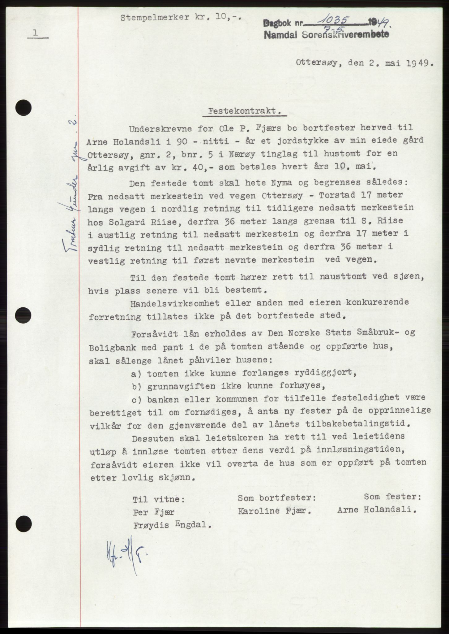 Namdal sorenskriveri, SAT/A-4133/1/2/2C: Pantebok nr. -, 1949-1949, Dagboknr: 1035/1949