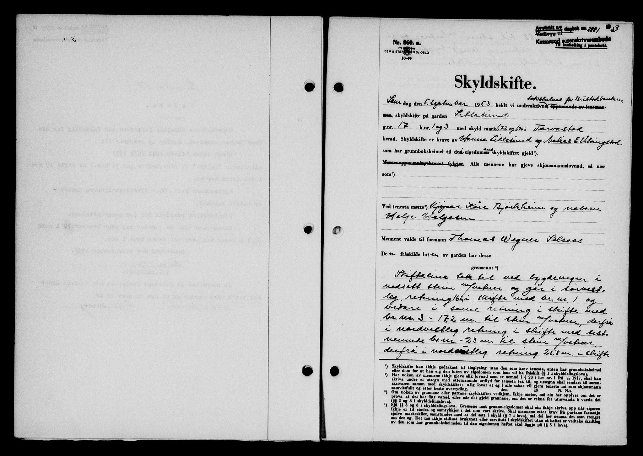 Karmsund sorenskriveri, SAST/A-100311/01/II/IIB/L0109: Pantebok nr. 89A, 1953-1953, Dagboknr: 2881/1953