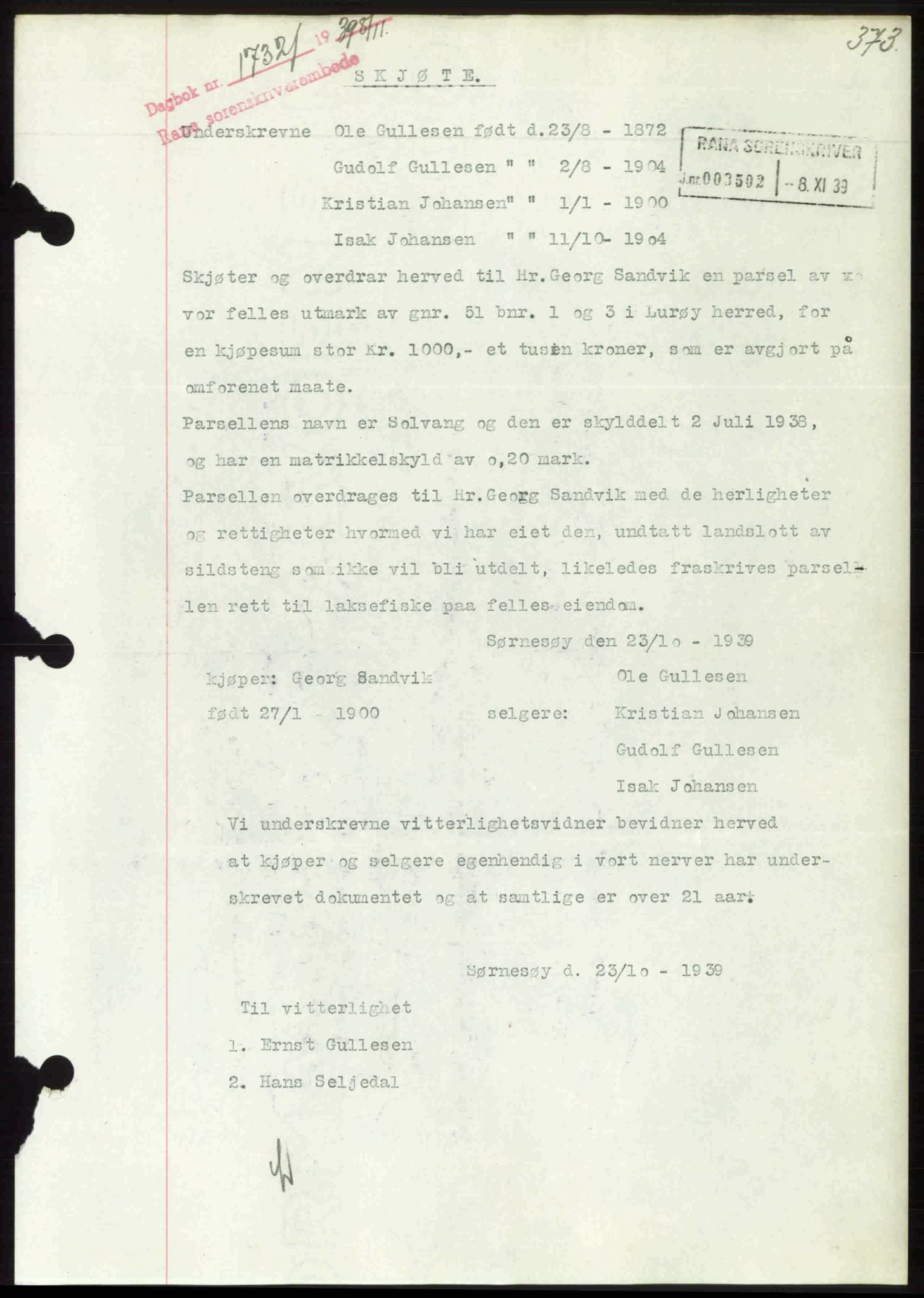 Rana sorenskriveri , SAT/A-1108/1/2/2C: Pantebok nr. A 6, 1939-1940, Dagboknr: 1732/1939