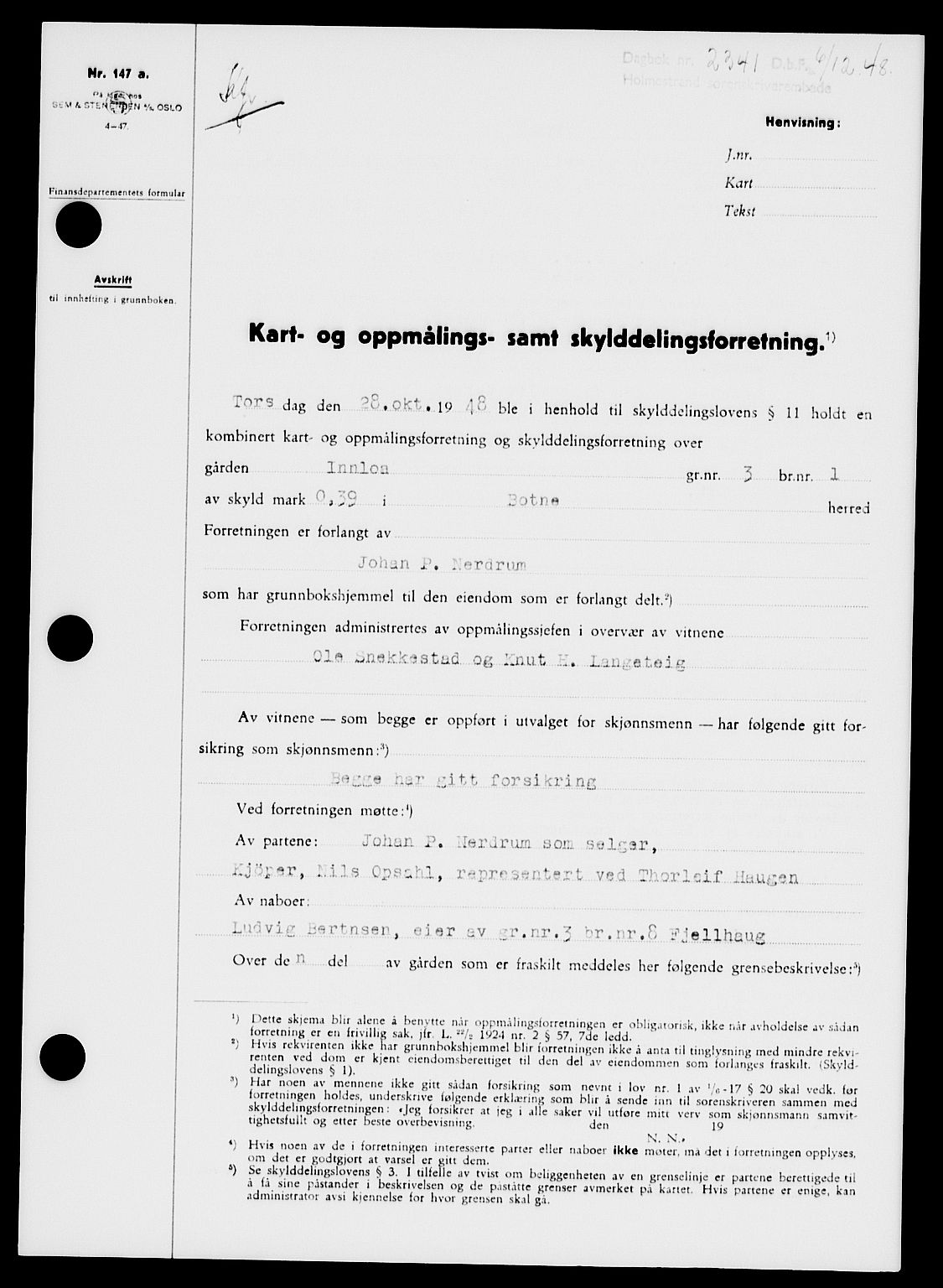 Holmestrand sorenskriveri, SAKO/A-67/G/Ga/Gaa/L0065: Pantebok nr. A-65, 1948-1949, Dagboknr: 2341/1948