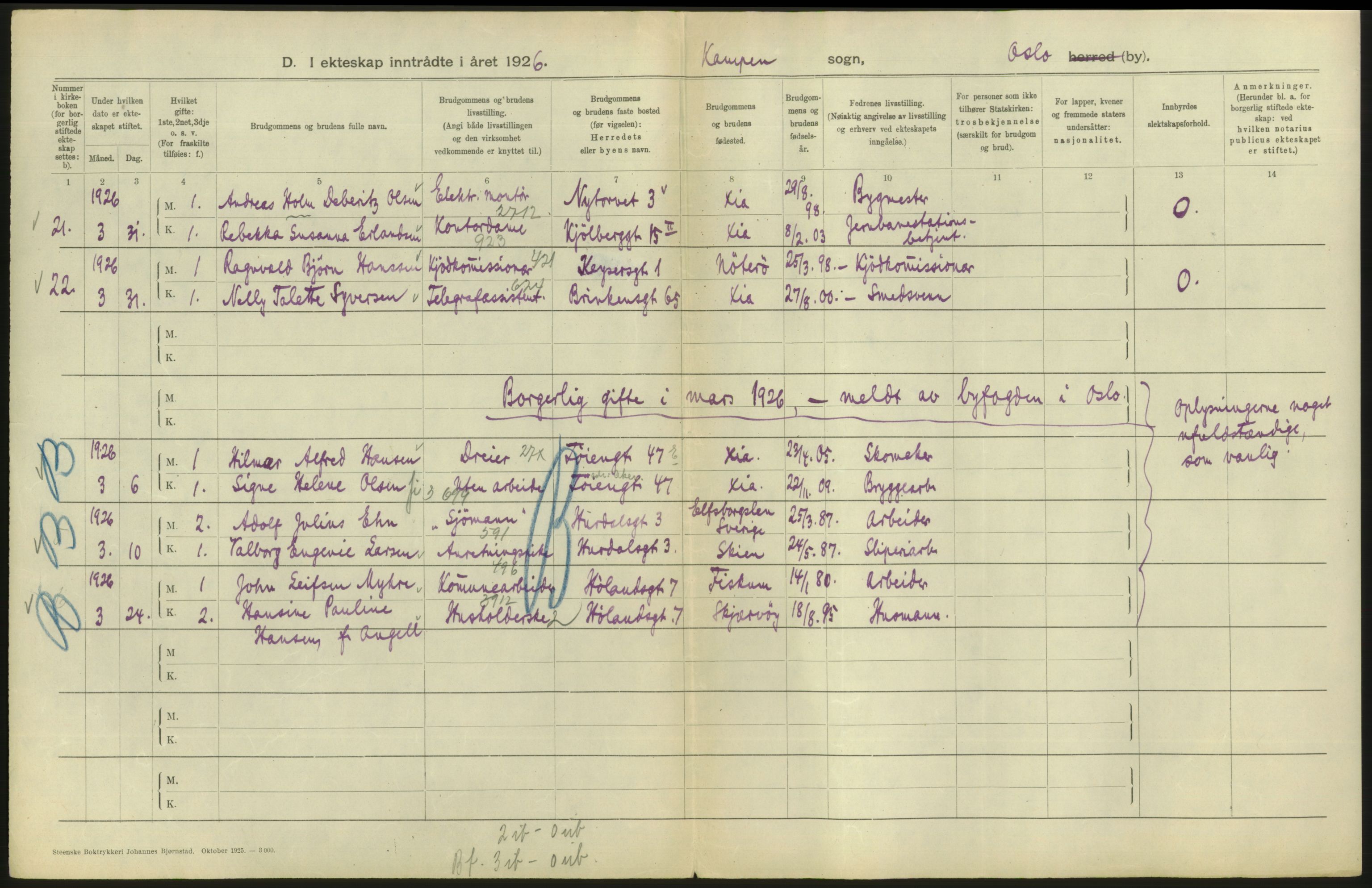 Statistisk sentralbyrå, Sosiodemografiske emner, Befolkning, AV/RA-S-2228/D/Df/Dfc/Dfcf/L0008: Oslo: Gifte, 1926, s. 618