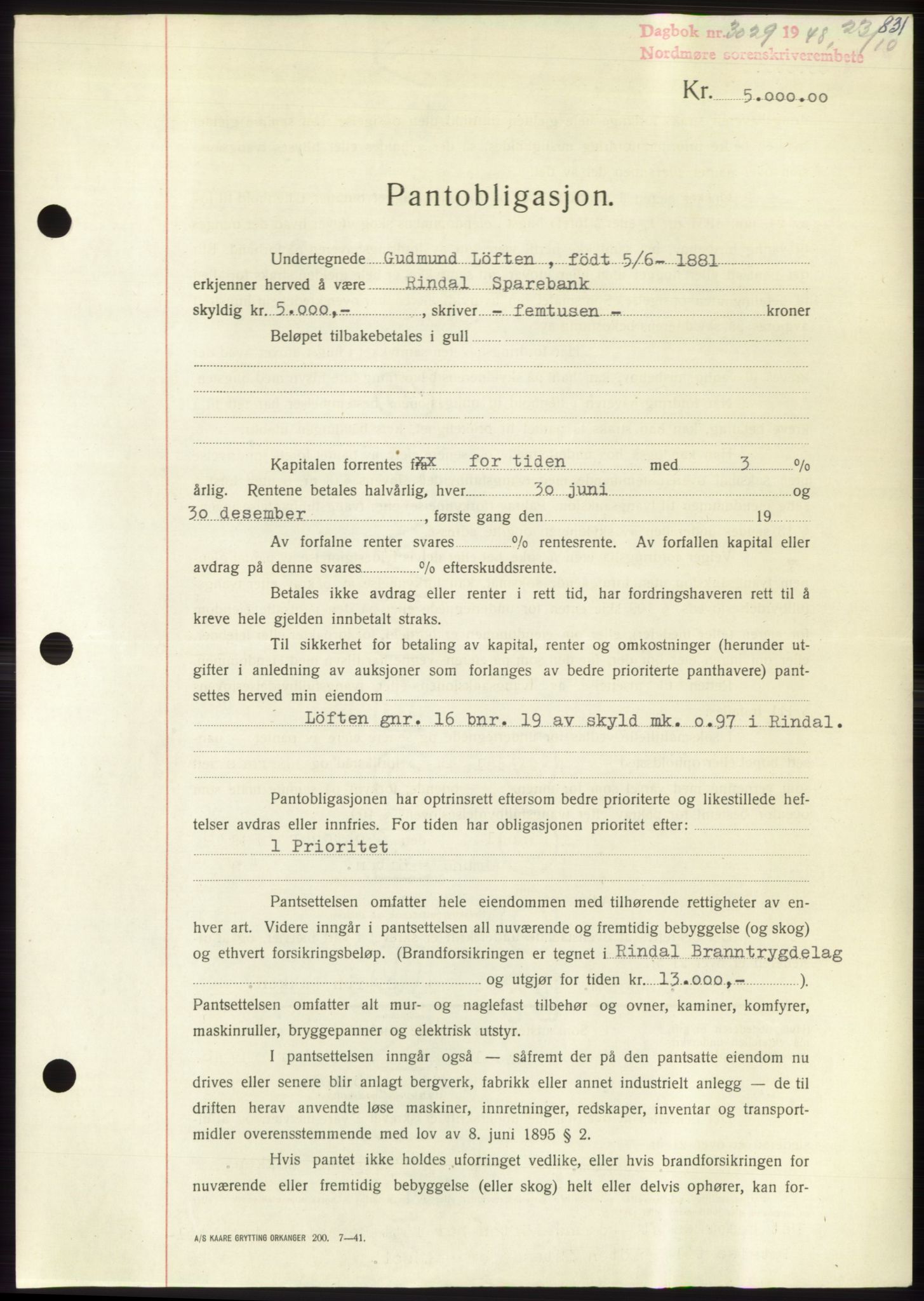 Nordmøre sorenskriveri, SAT/A-4132/1/2/2Ca: Pantebok nr. B99, 1948-1948, Dagboknr: 3029/1948
