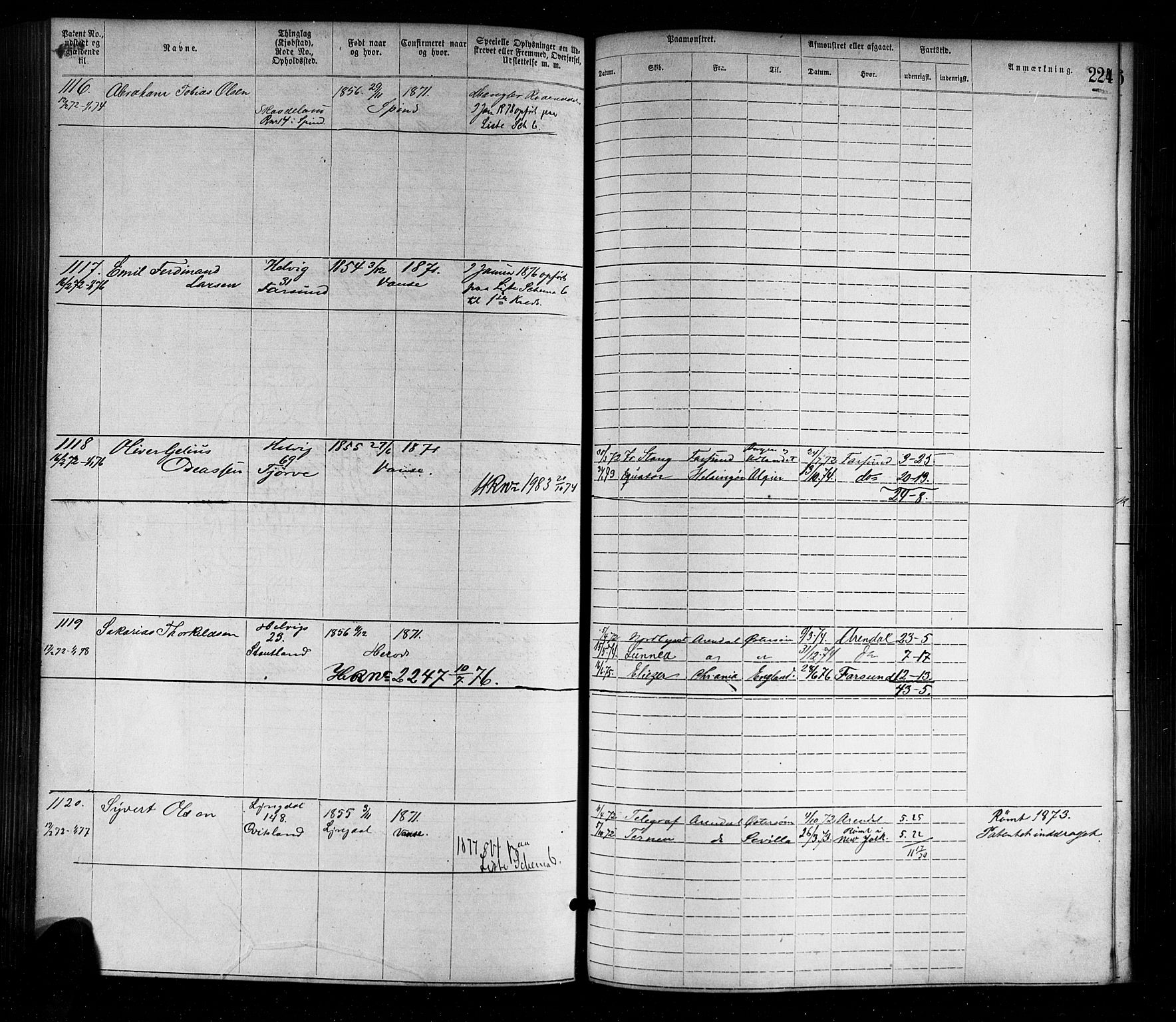 Farsund mønstringskrets, SAK/2031-0017/F/Fa/L0001: Annotasjonsrulle nr 1-1920 med register, M-1, 1869-1877, s. 254