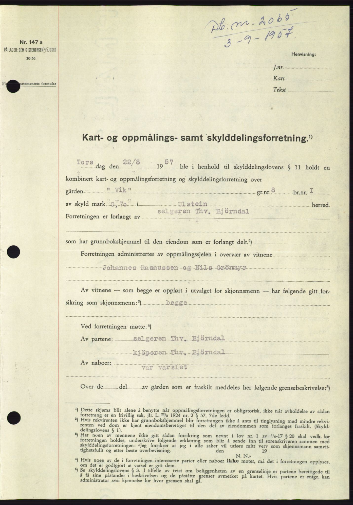 Søre Sunnmøre sorenskriveri, SAT/A-4122/1/2/2C/L0107: Pantebok nr. 33A, 1957-1957, Dagboknr: 2065/1957