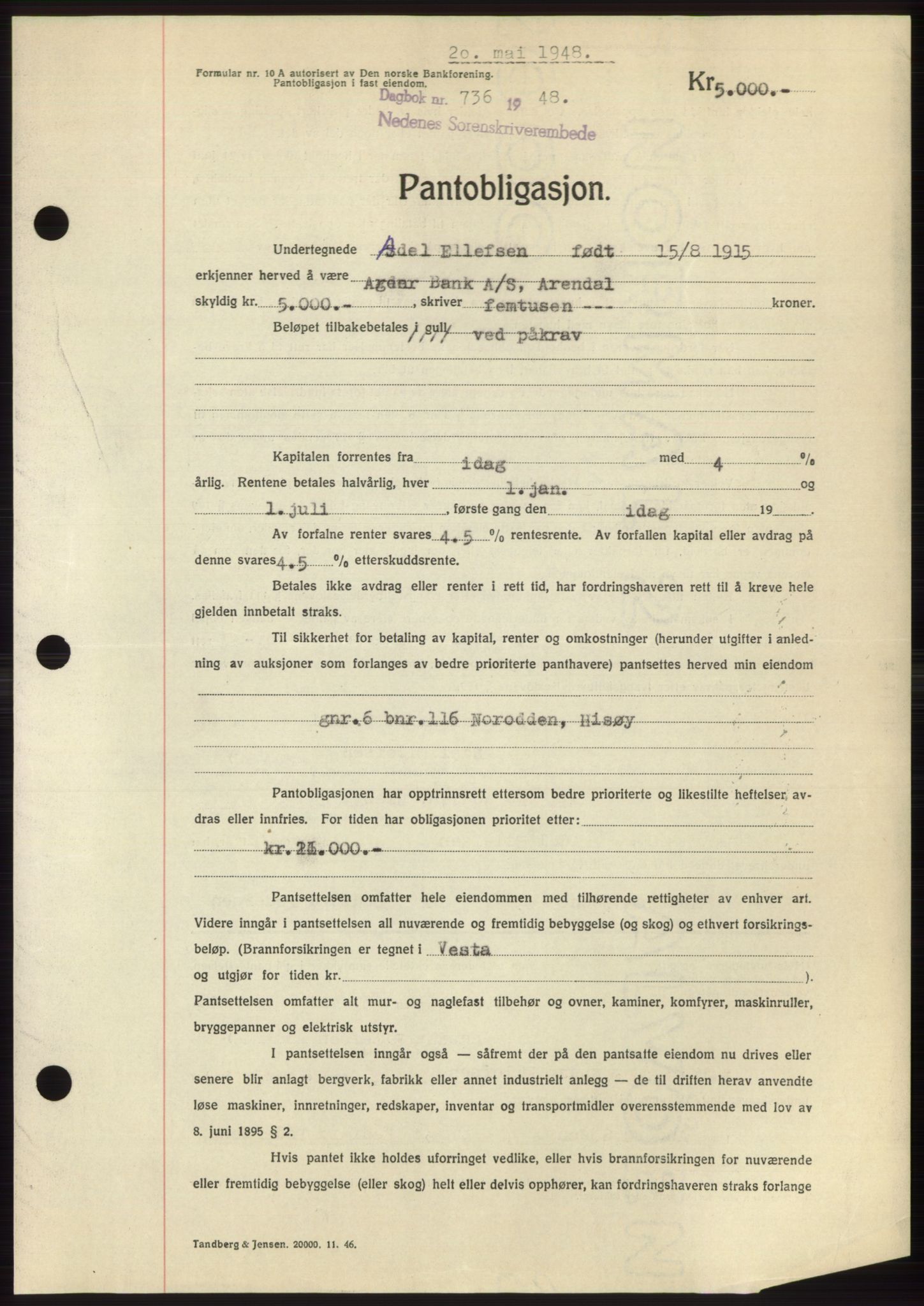 Nedenes sorenskriveri, AV/SAK-1221-0006/G/Gb/Gbb/L0005: Pantebok nr. B5, 1948-1948, Dagboknr: 736/1948