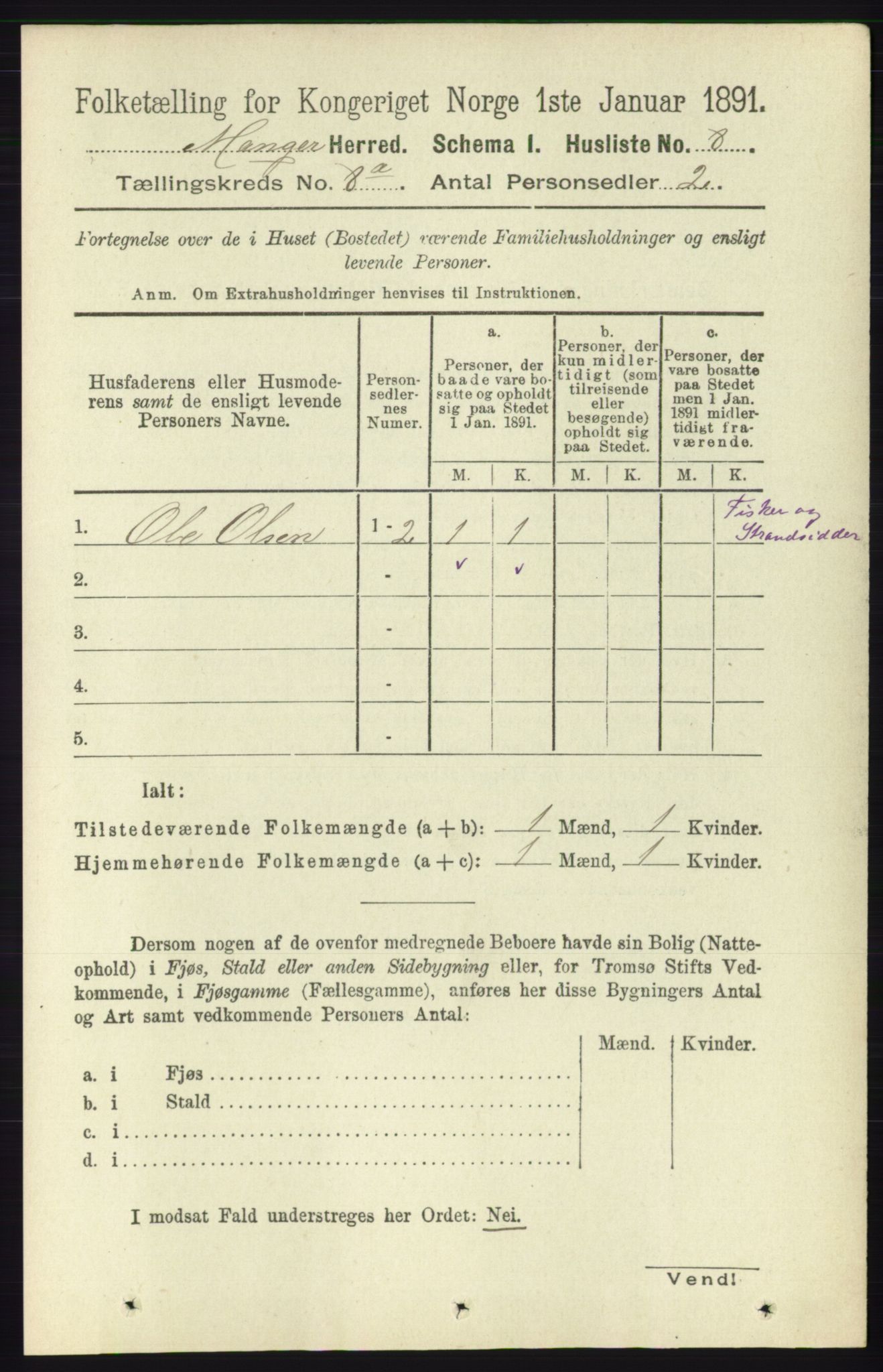 RA, Folketelling 1891 for 1261 Manger herred, 1891, s. 5019