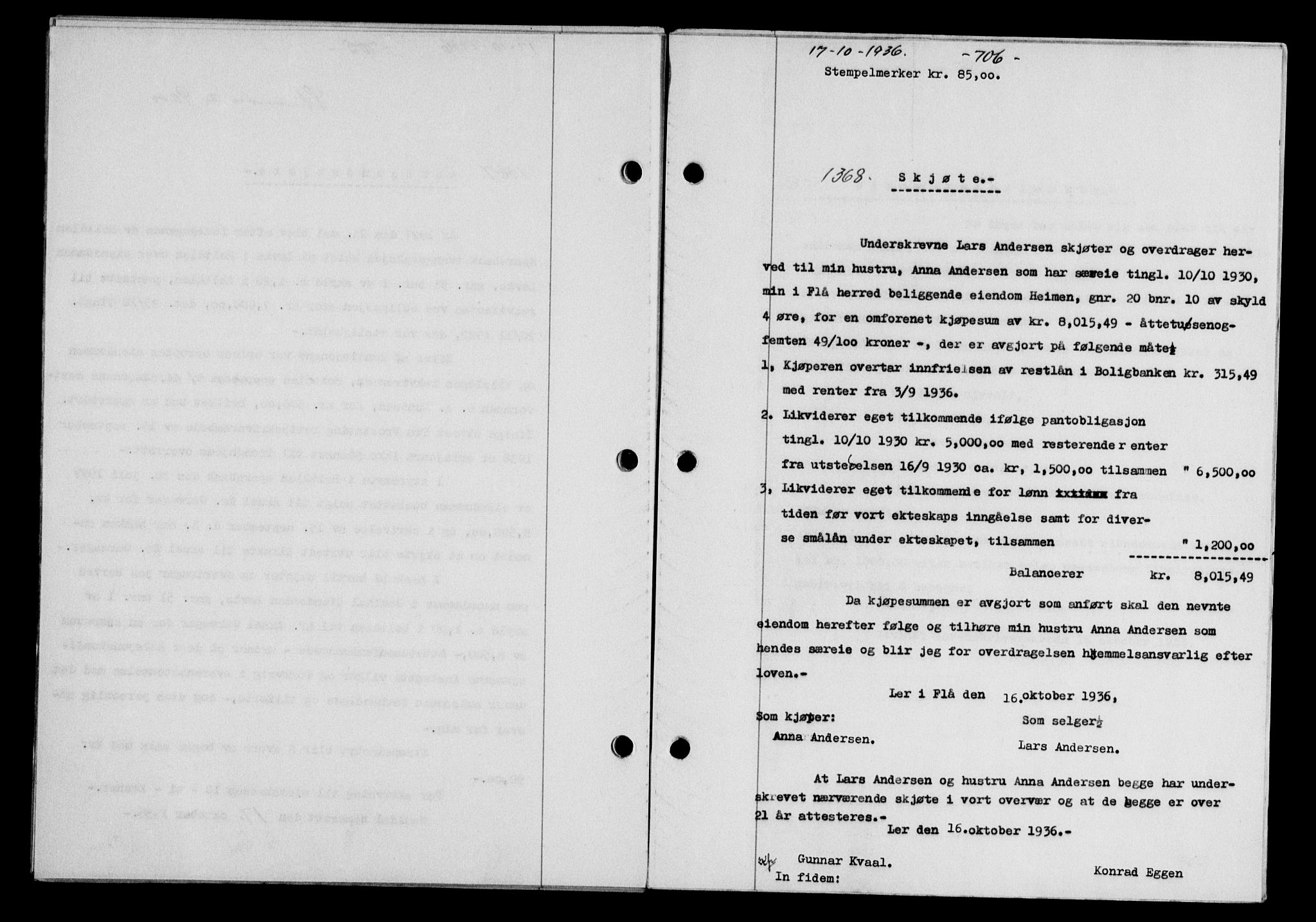 Gauldal sorenskriveri, SAT/A-0014/1/2/2C/L0046: Pantebok nr. 49-50, 1936-1937, Dagboknr: 1368/1936