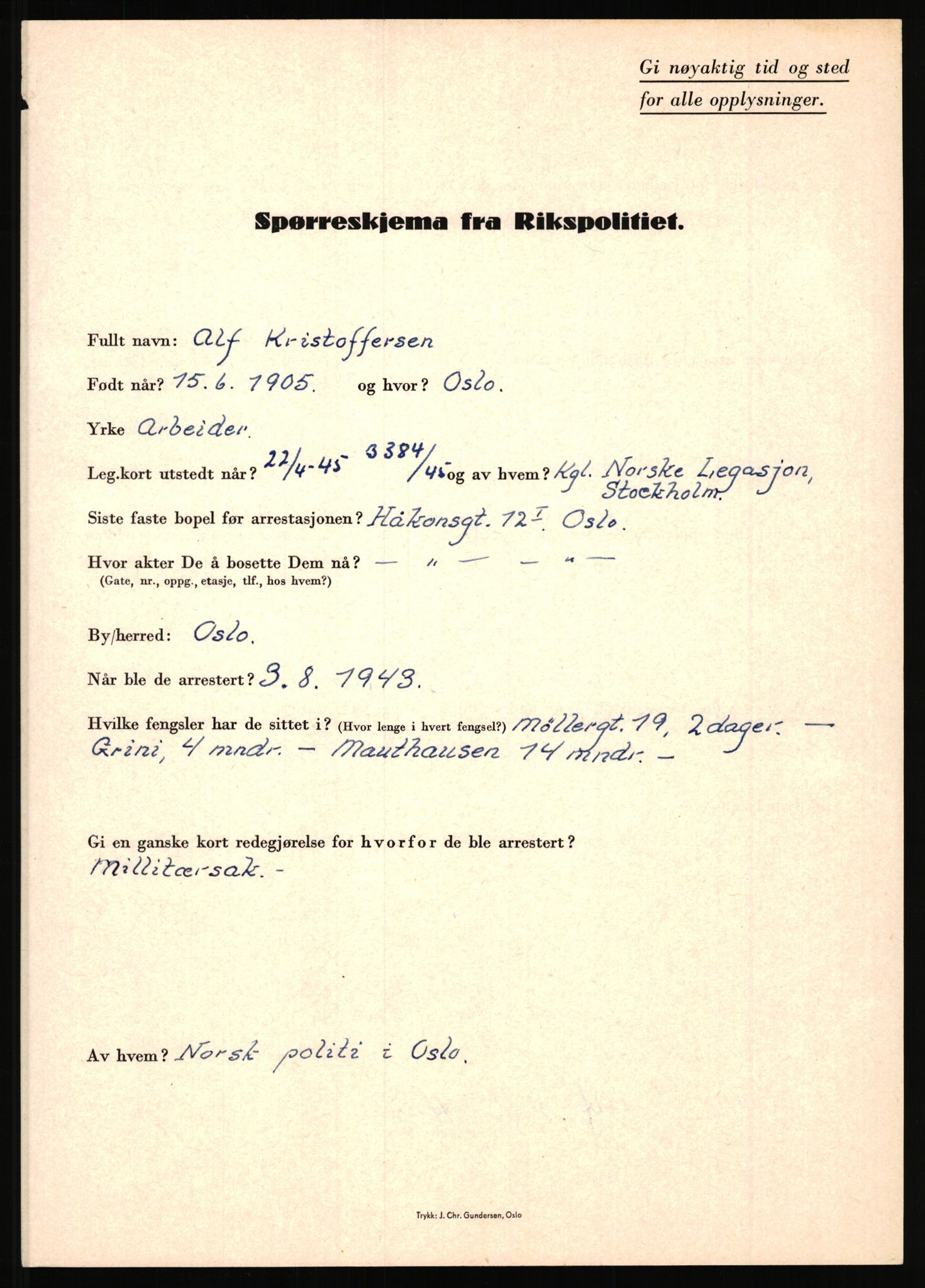 Rikspolitisjefen, AV/RA-S-1560/L/L0010: Kristianslund, Charles Ragnvald - Losvik, Einar, 1940-1945, s. 5