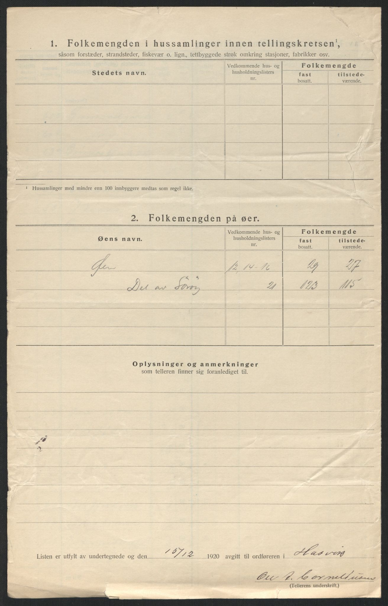 SATØ, Folketelling 1920 for 2015 Hasvik herred, 1920, s. 30