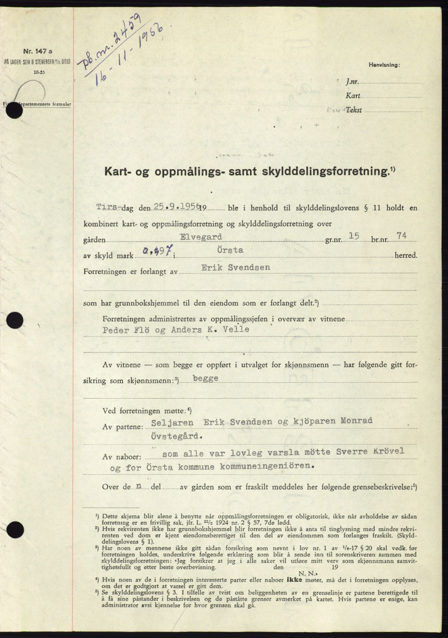 Søre Sunnmøre sorenskriveri, AV/SAT-A-4122/1/2/2C/L0105: Pantebok nr. 31A, 1956-1957, Dagboknr: 2459/1956
