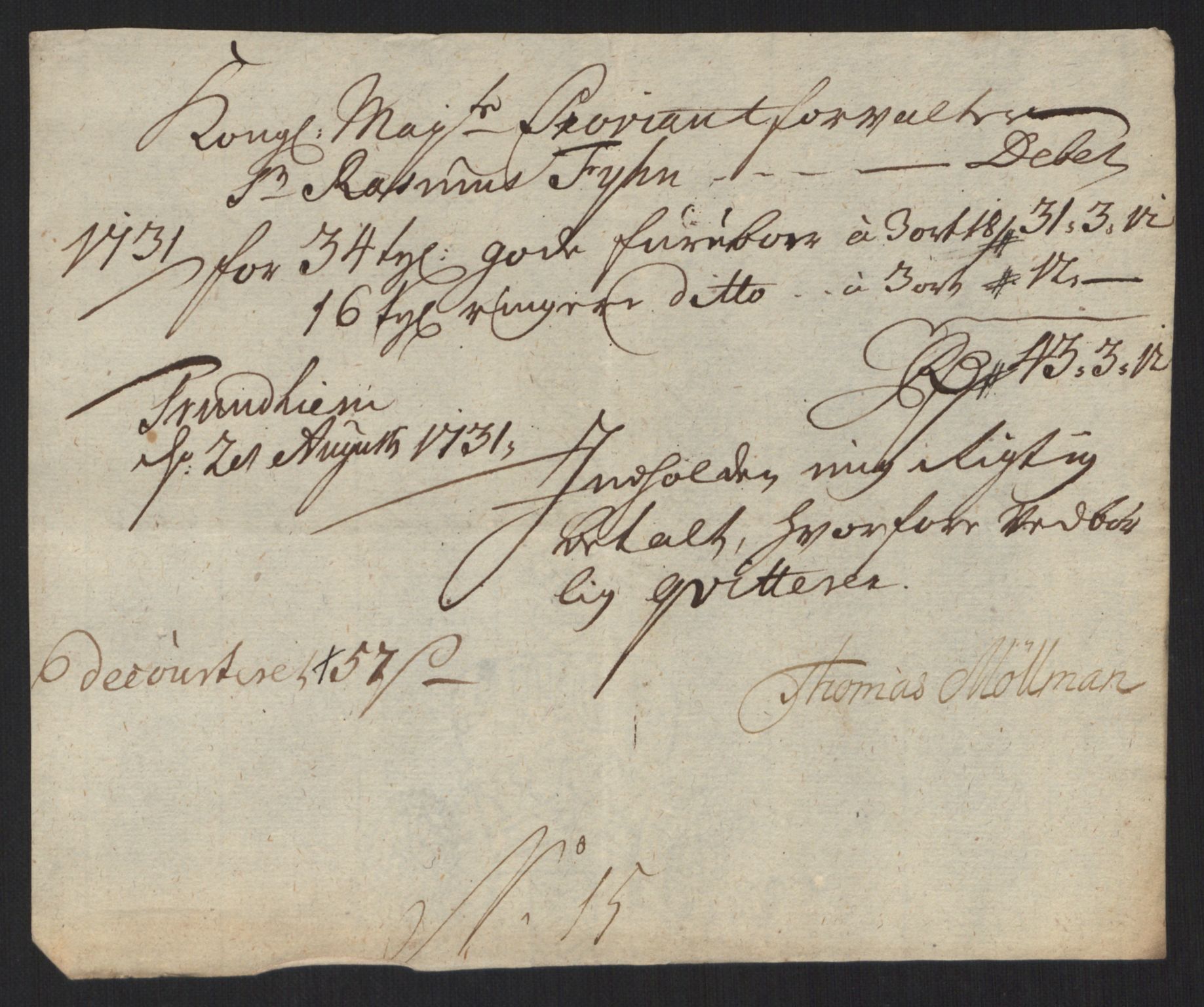 Rentekammeret inntil 1814, Reviderte regnskaper, Militære regnskaper, AV/RA-EA-4069/Rd/L0649: Trondheim festningsregnskaper, 1731