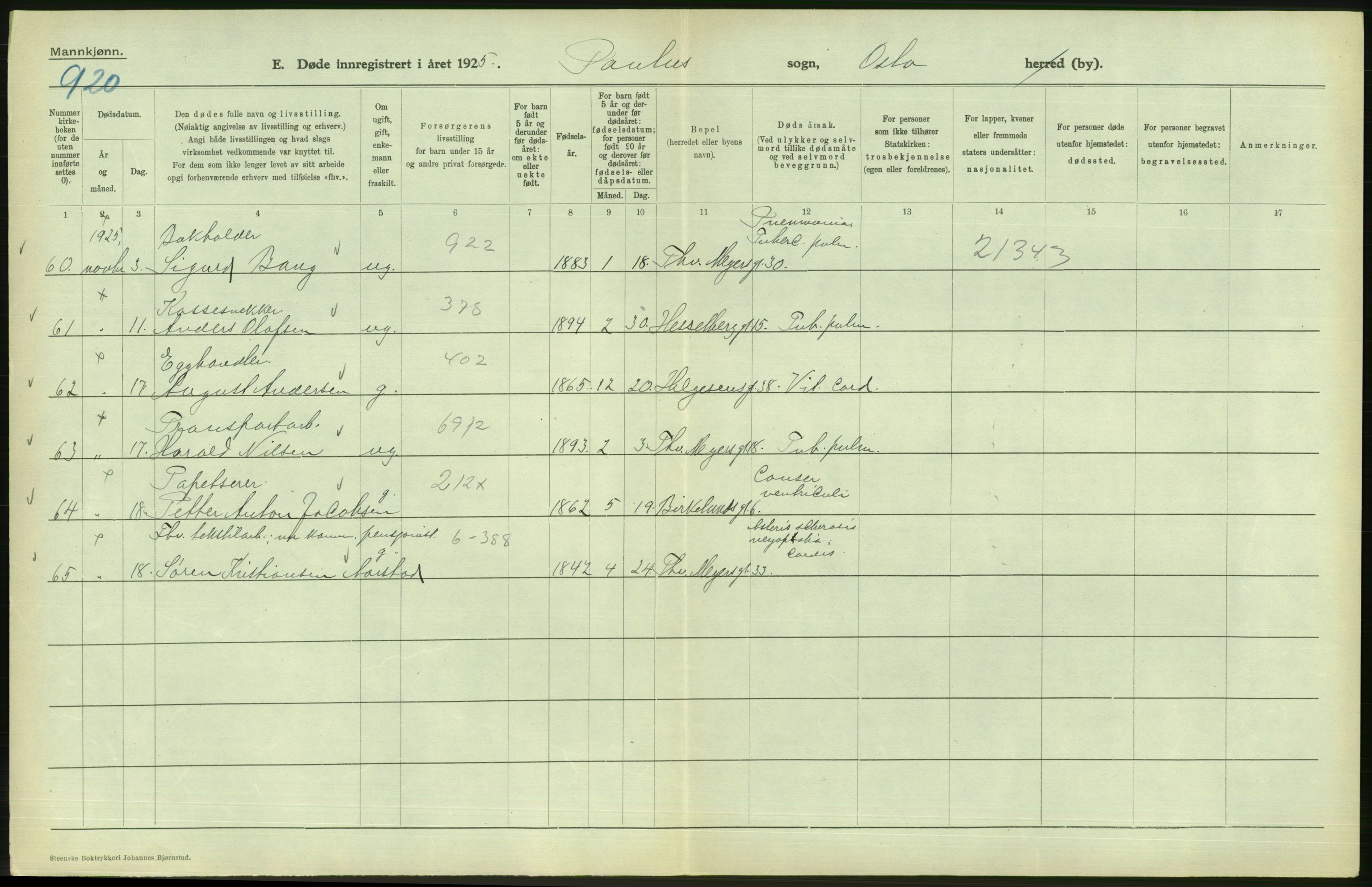 Statistisk sentralbyrå, Sosiodemografiske emner, Befolkning, AV/RA-S-2228/D/Df/Dfc/Dfce/L0009: Oslo: Døde menn, 1925, s. 74