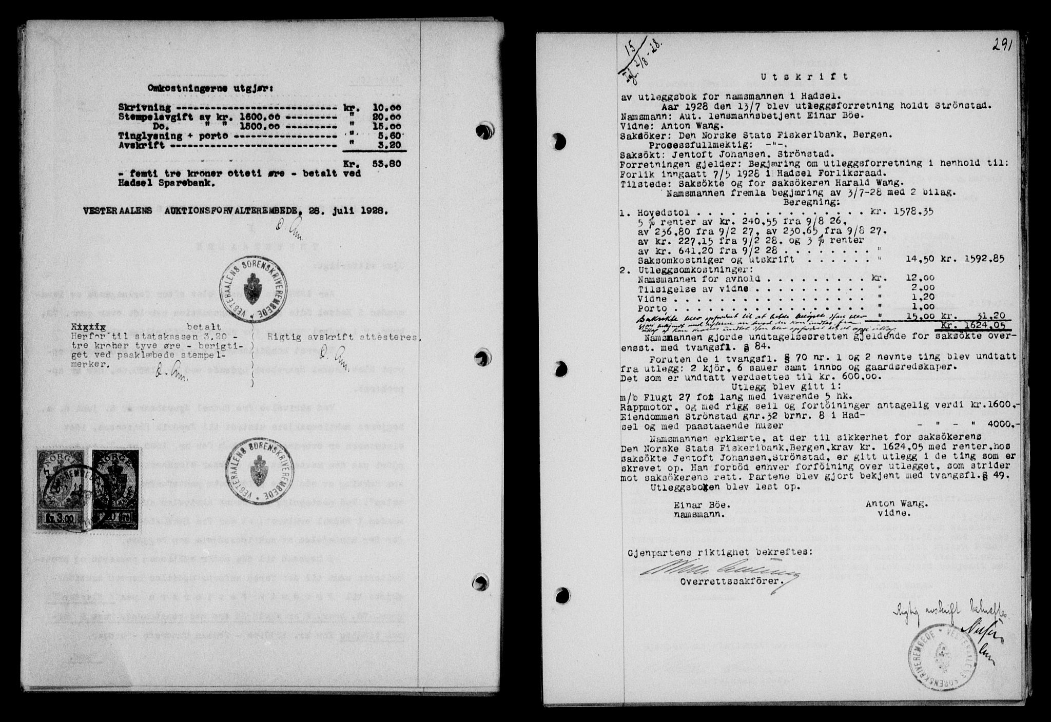Vesterålen sorenskriveri, SAT/A-4180/1/2/2Ca/L0046: Pantebok nr. 39, 1928-1928, Tingl.dato: 02.08.1928