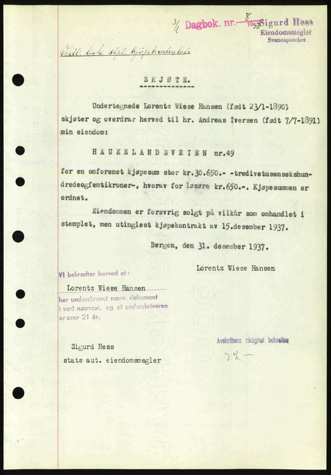 Byfogd og Byskriver i Bergen, SAB/A-3401/03/03Bc/L0006: Pantebok nr. A5, 1937-1938, Dagboknr: 8/1938