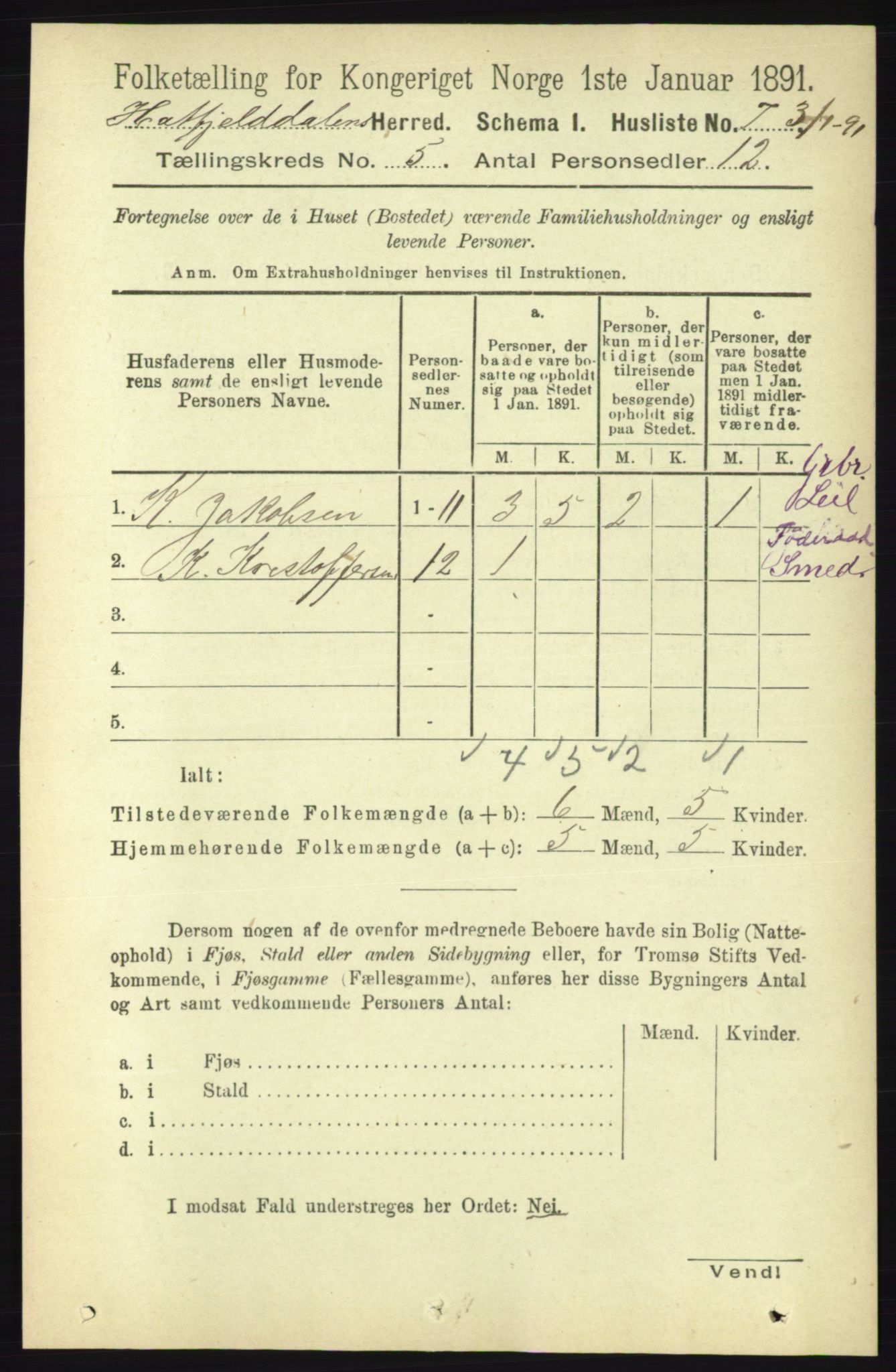 RA, Folketelling 1891 for 1826 Hattfjelldal herred, 1891, s. 1114