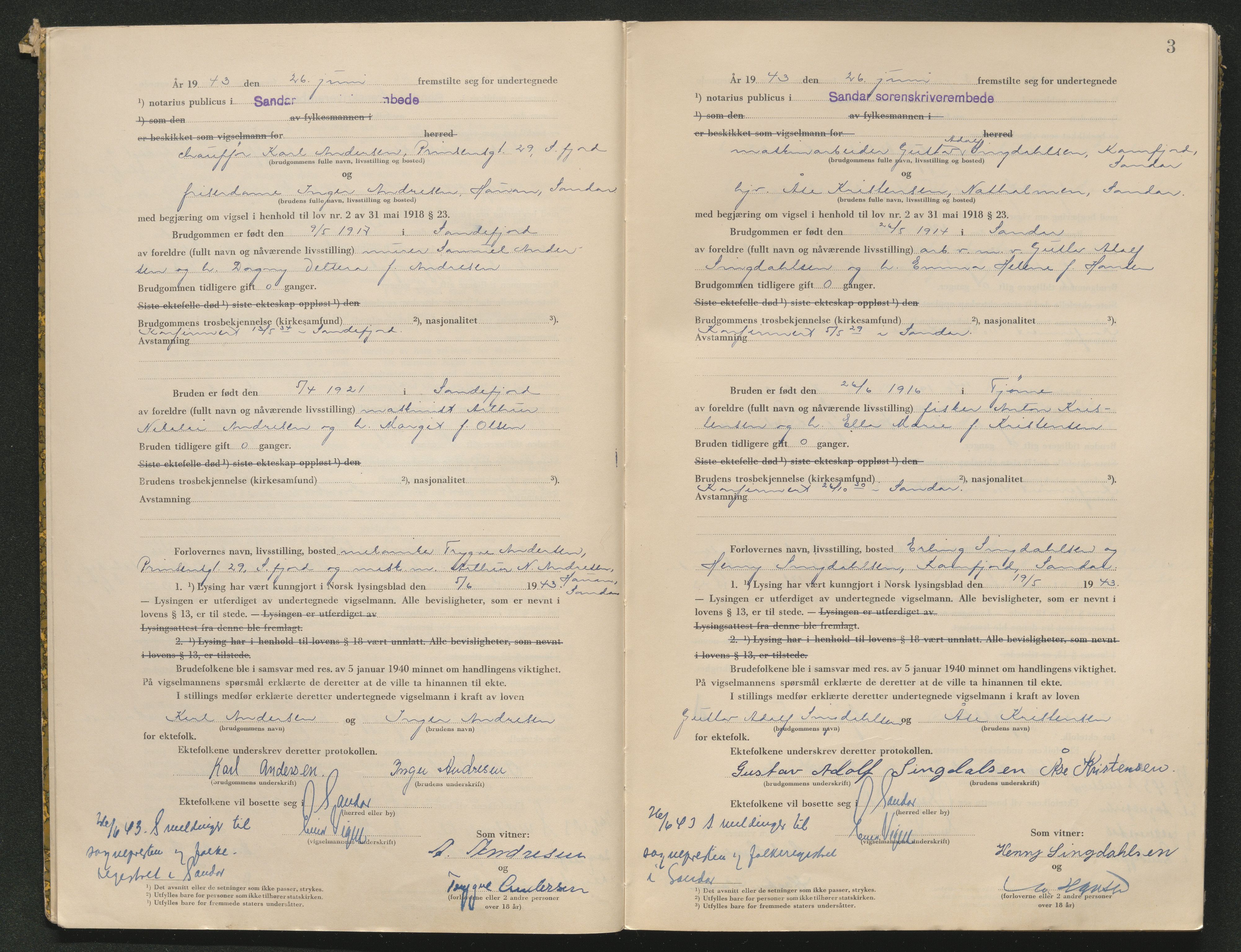 Sandar sorenskriveri, AV/SAKO-A-86/L/Lb/L0003: Vigselselbok, 1943-1944, s. 3