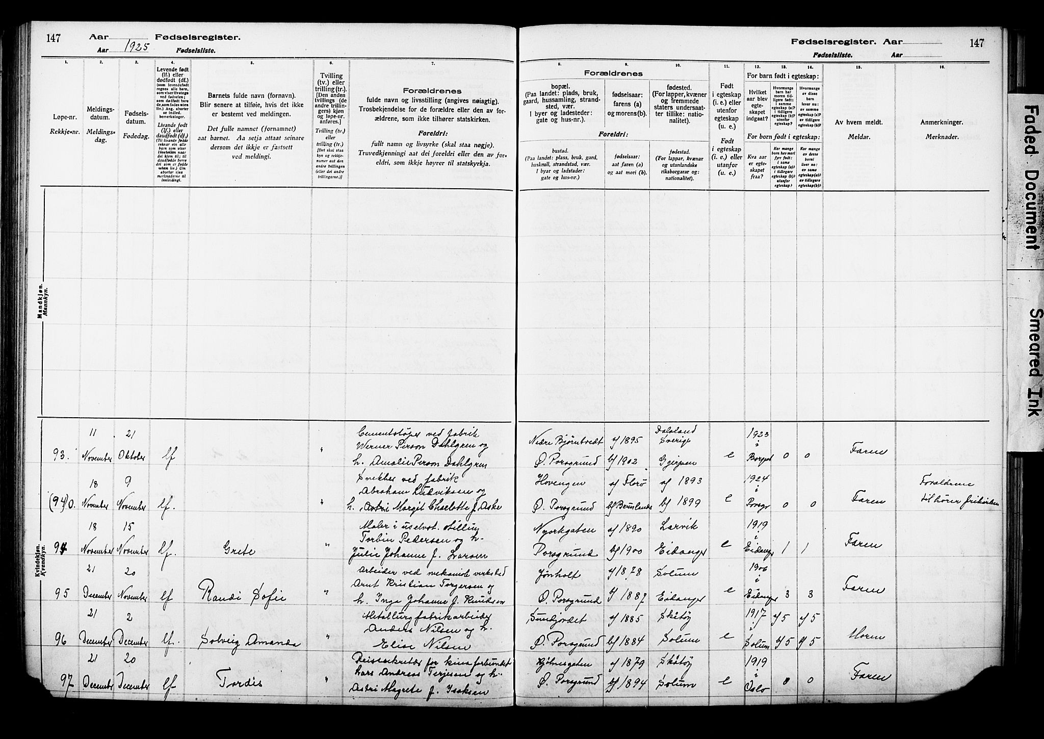 Porsgrunn kirkebøker , AV/SAKO-A-104/J/Ja/L0001: Fødselsregister nr. 1, 1916-1929, s. 147