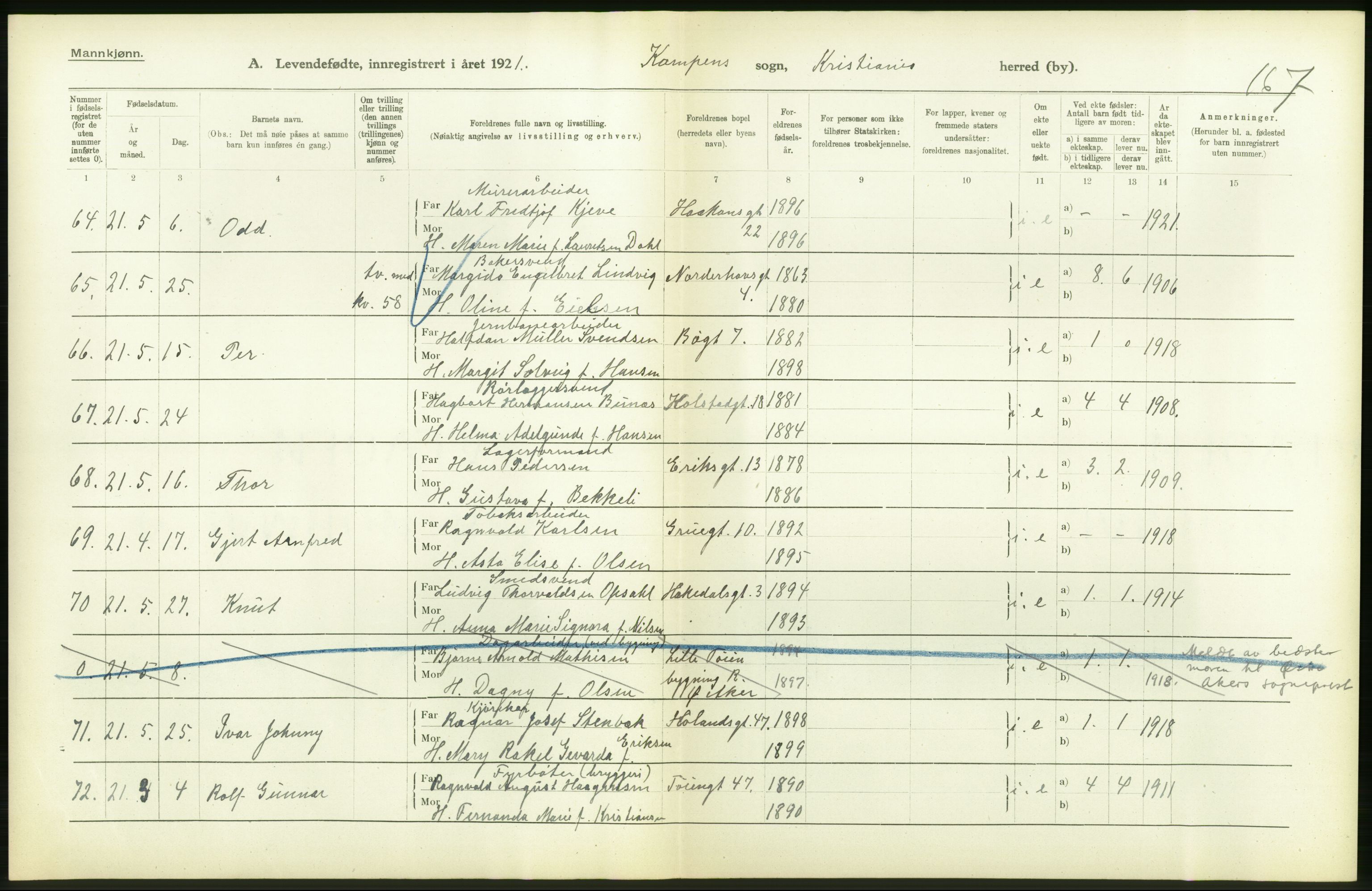 Statistisk sentralbyrå, Sosiodemografiske emner, Befolkning, RA/S-2228/D/Df/Dfc/Dfca/L0009: Kristiania: Levendefødte menn og kvinner., 1921, s. 98