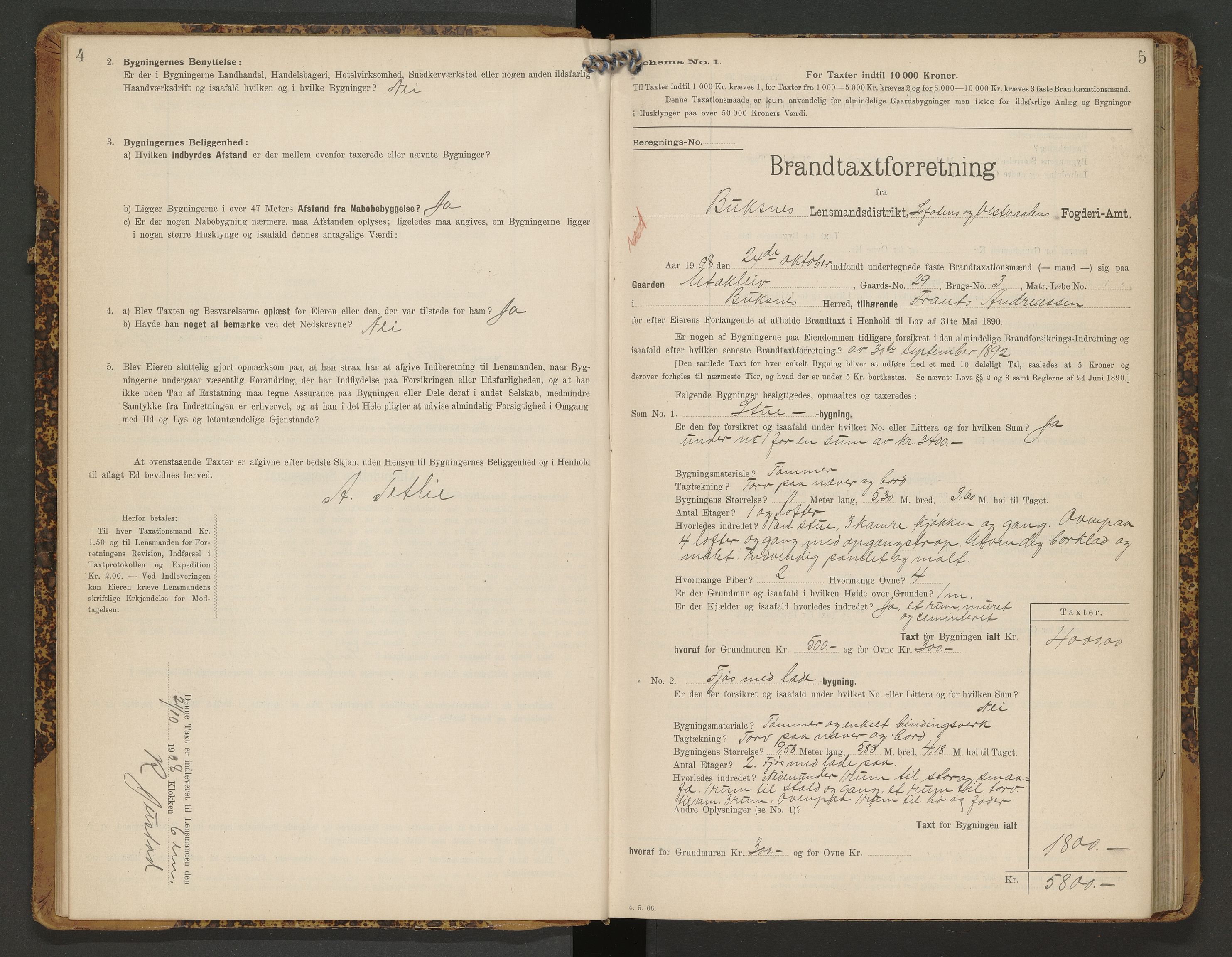 Norges Brannkasse Hol, AV/SAT-A-5601/BT/L0007: Branntakstprotokoll med skjema, 1908-1909