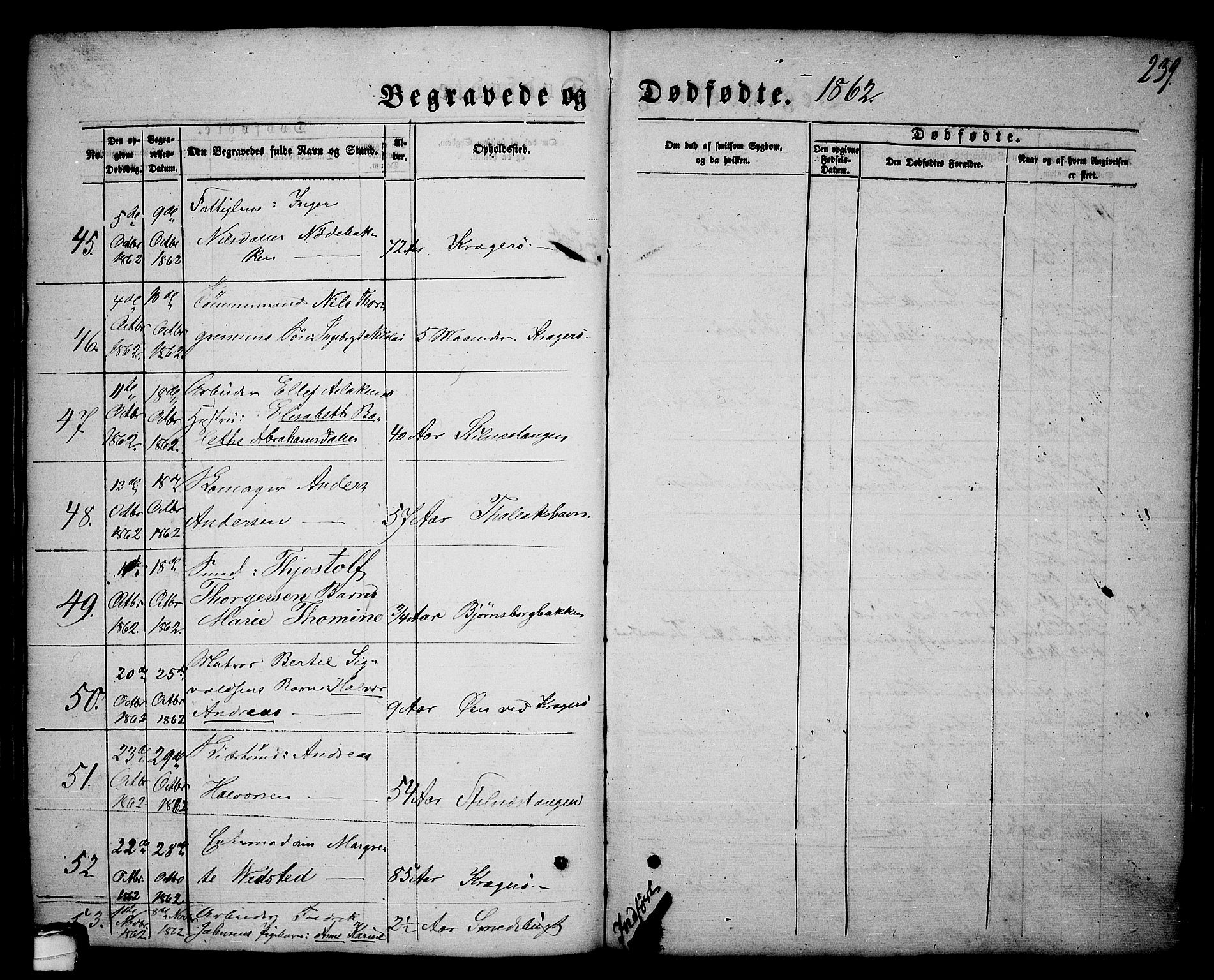 Kragerø kirkebøker, AV/SAKO-A-278/G/Ga/L0004: Klokkerbok nr. 4, 1853-1865, s. 239