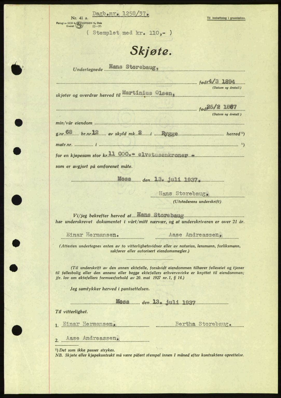 Moss sorenskriveri, SAO/A-10168: Pantebok nr. A3, 1937-1938, Dagboknr: 1258/1937