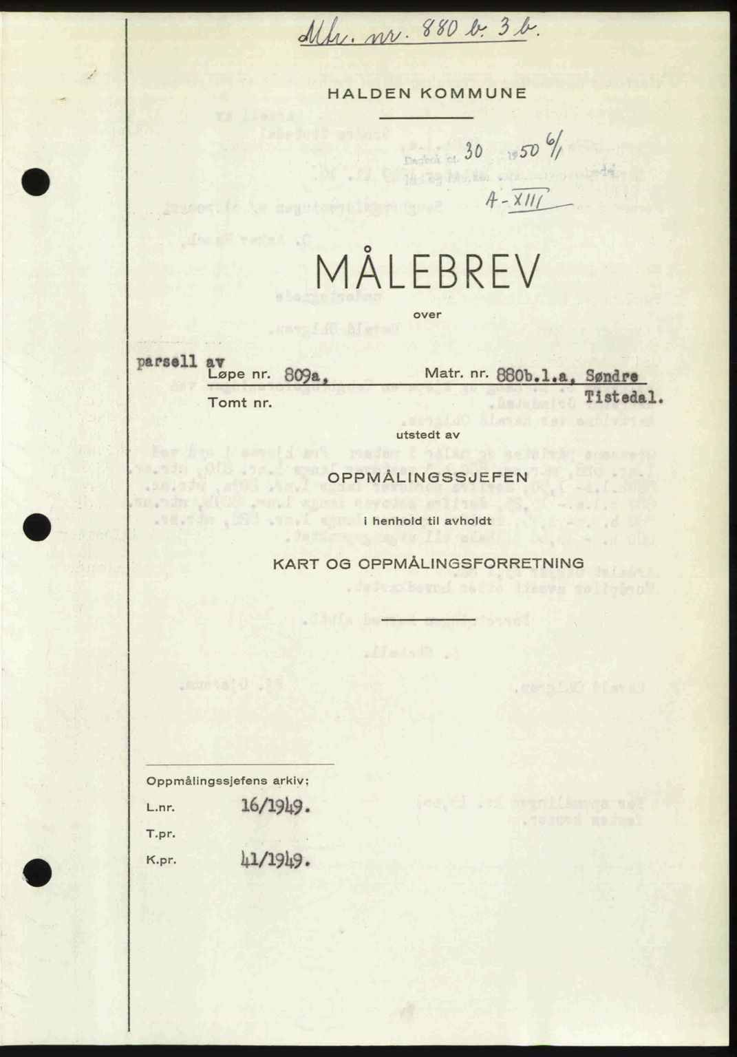 Idd og Marker sorenskriveri, SAO/A-10283/G/Gb/Gbb/L0013: Pantebok nr. A13, 1949-1950, Dagboknr: 30/1950