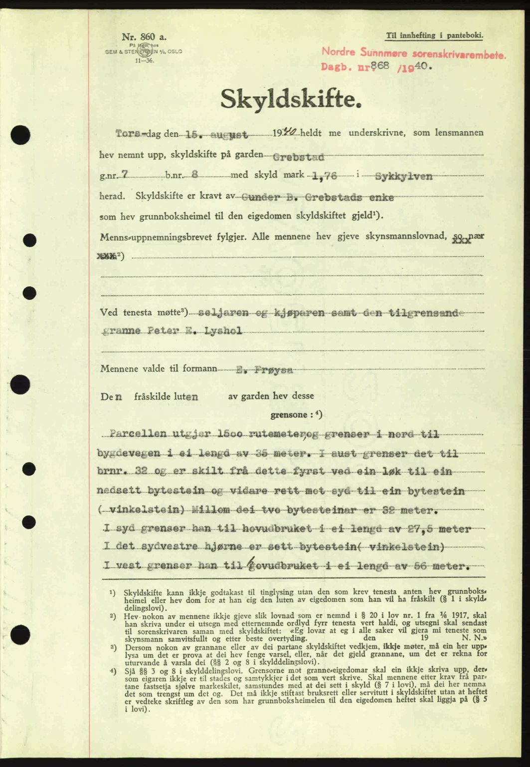 Nordre Sunnmøre sorenskriveri, AV/SAT-A-0006/1/2/2C/2Ca: Pantebok nr. A9, 1940-1940, Dagboknr: 868/1940