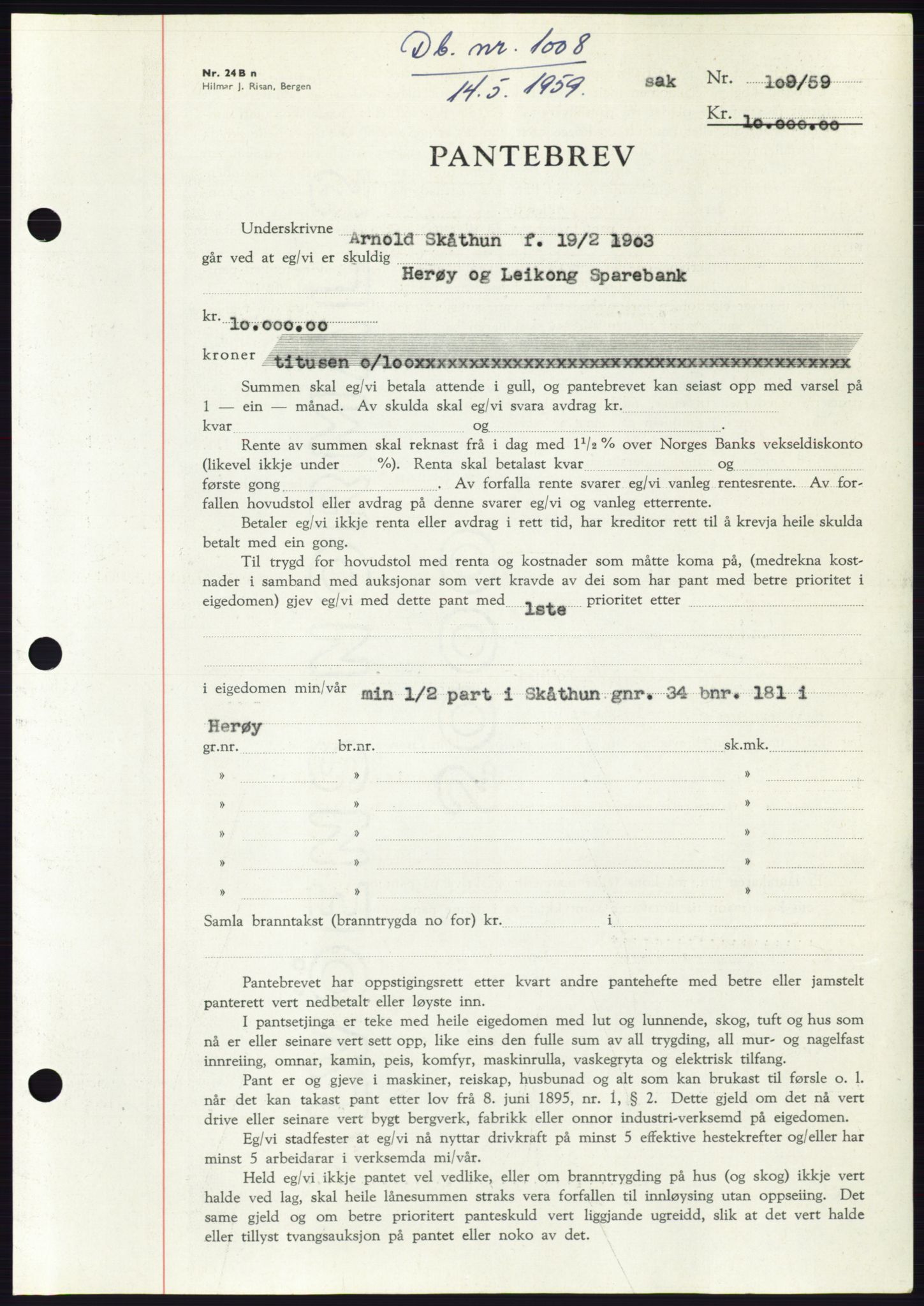 Søre Sunnmøre sorenskriveri, SAT/A-4122/1/2/2C/L0133: Pantebok nr. 21B, 1959-1959, Dagboknr: 1008/1959