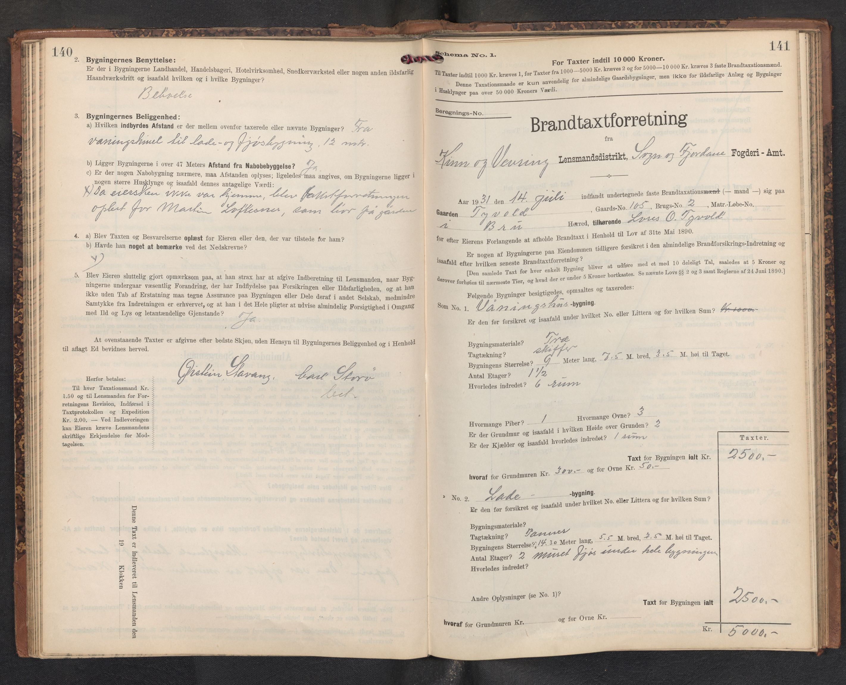 Lensmannen i Kinn, AV/SAB-A-28801/0012/L0005: Branntakstprotokoll, skjematakst, 1903-1938, s. 140-141