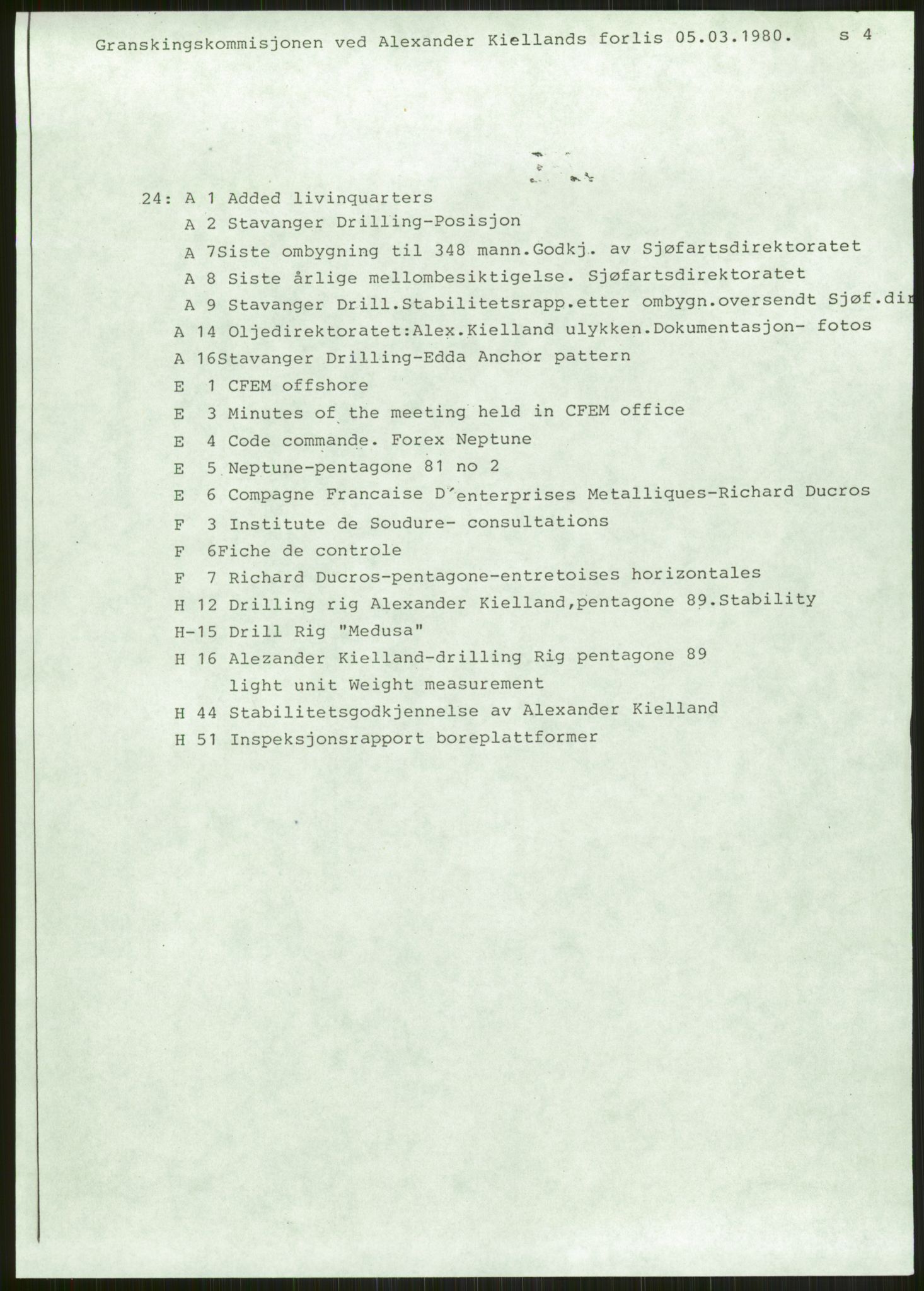Justisdepartementet, Granskningskommisjonen ved Alexander Kielland-ulykken 27.3.1980, RA/S-1165/D/L0024: A Alexander L. Kielland (A1-A2, A7-A9, A14, A22, A16 av 31)/ E CFEM (E1, E3-E6 av 27)/ F Richard Ducros (Doku.liste + F1-F6 av 8)/ H Sjøfartsdirektoratet/Skipskontrollen (H12, H14-H16, H44, H49, H51 av 52), 1980-1981, s. 1