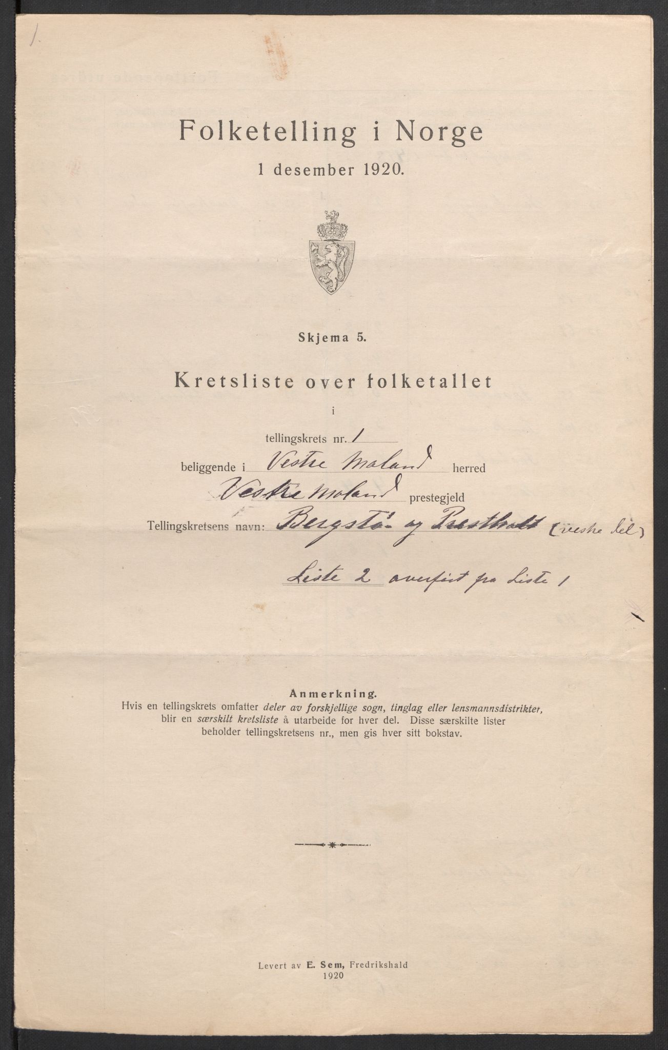 SAK, Folketelling 1920 for 0926 Vestre Moland herred, 1920, s. 9