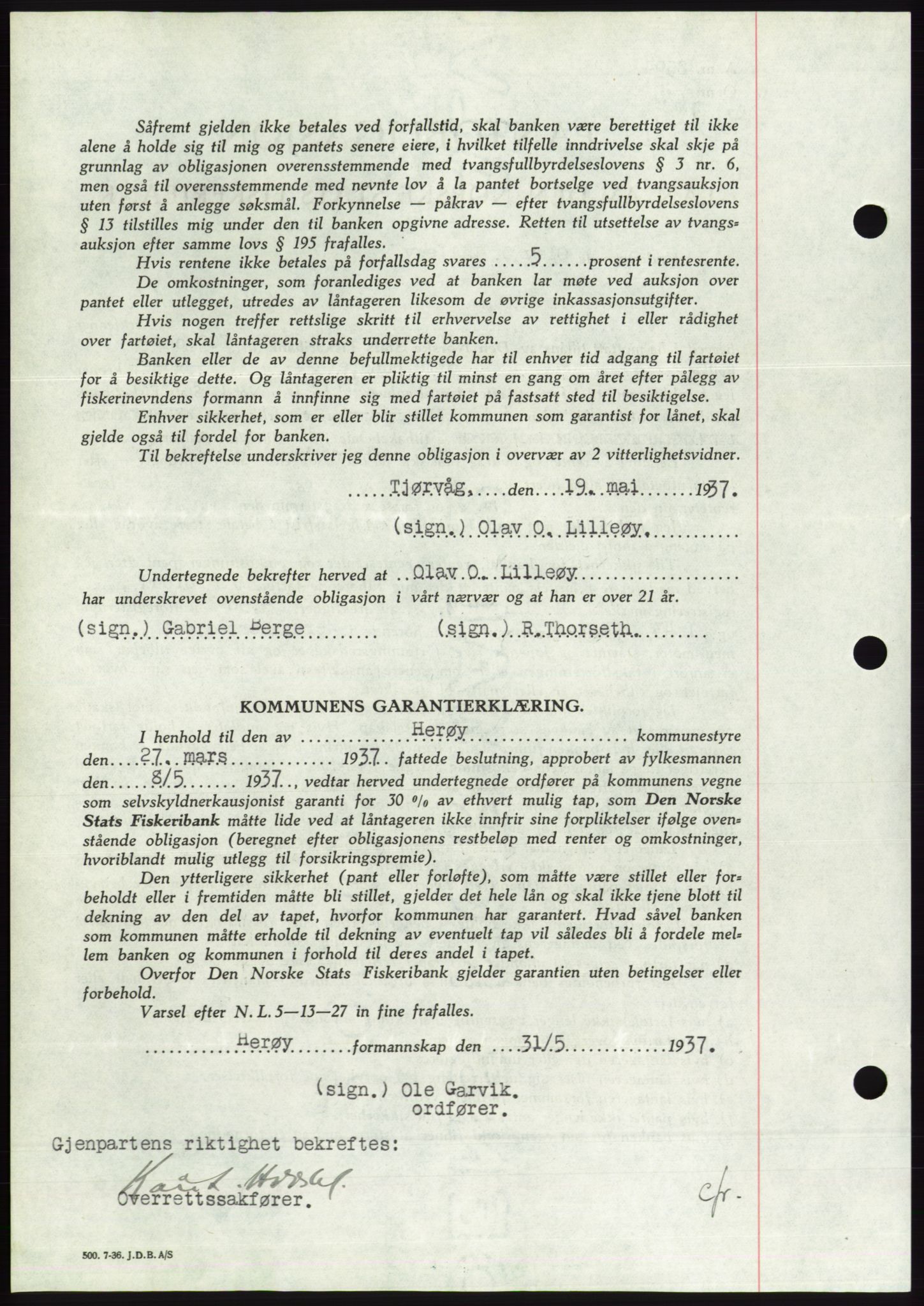 Søre Sunnmøre sorenskriveri, AV/SAT-A-4122/1/2/2C/L0063: Pantebok nr. 57, 1937-1937, Dagboknr: 962/1937