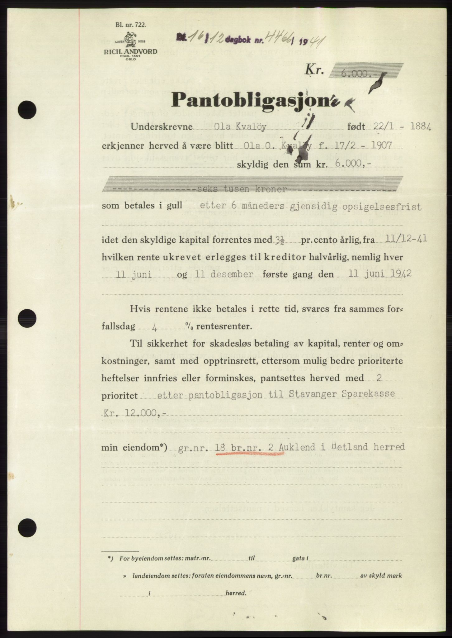 Jæren sorenskriveri, SAST/A-100310/03/G/Gba/L0081: Pantebok, 1941-1941, Dagboknr: 4466/1941