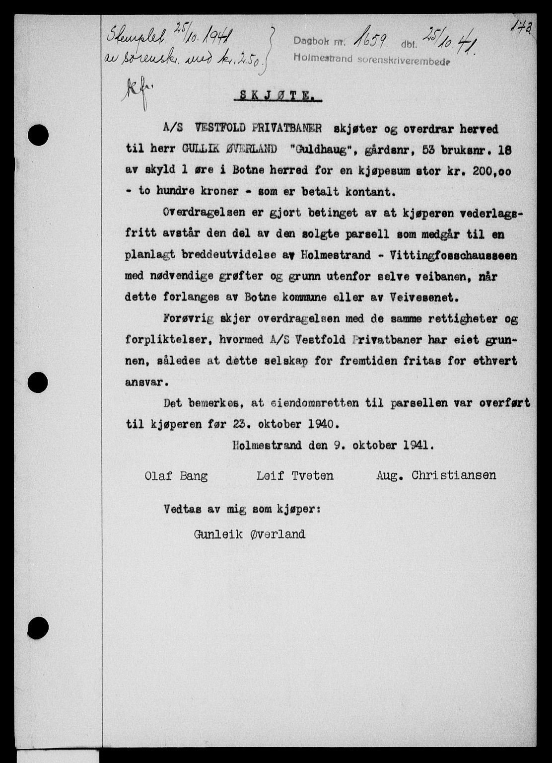 Holmestrand sorenskriveri, SAKO/A-67/G/Ga/Gaa/L0054: Pantebok nr. A-54, 1941-1942, Dagboknr: 1659/1941
