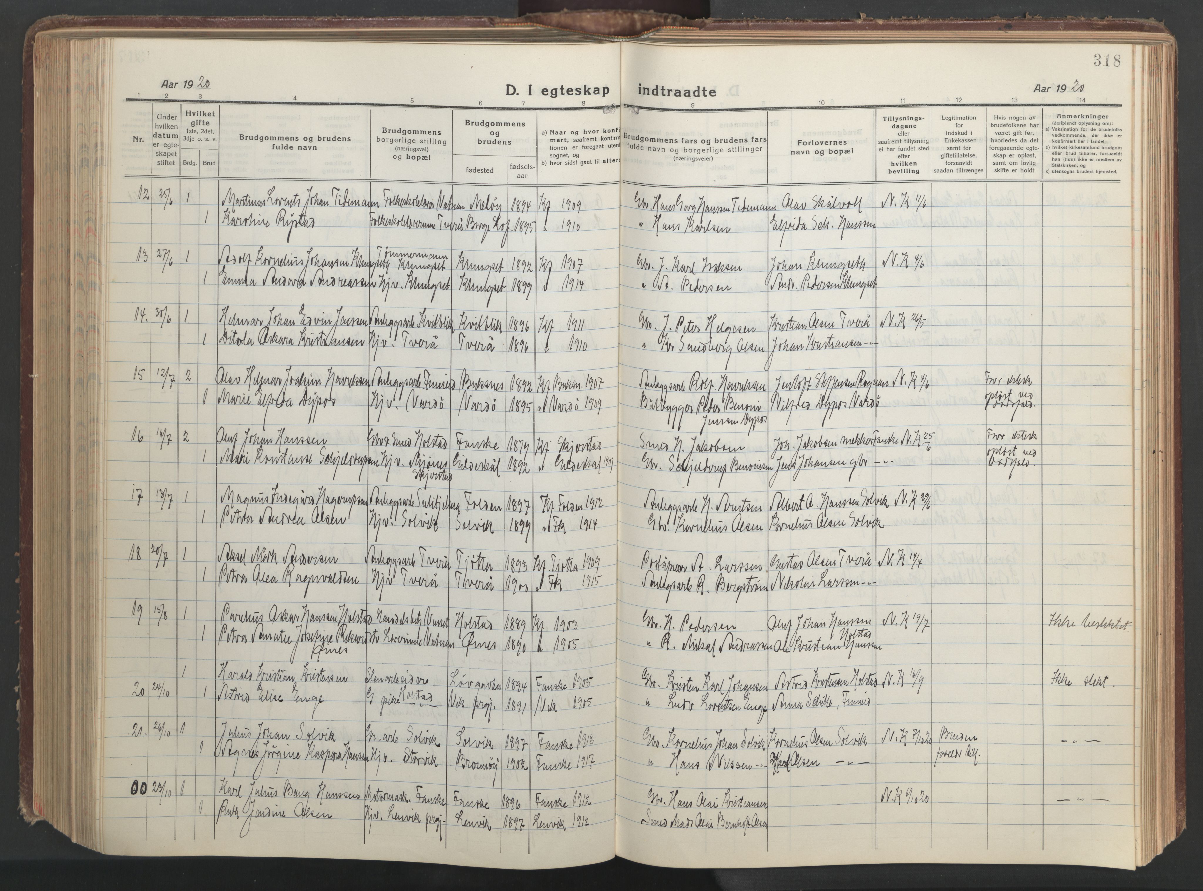 Ministerialprotokoller, klokkerbøker og fødselsregistre - Nordland, AV/SAT-A-1459/849/L0700: Klokkerbok nr. 849C01, 1919-1946, s. 318