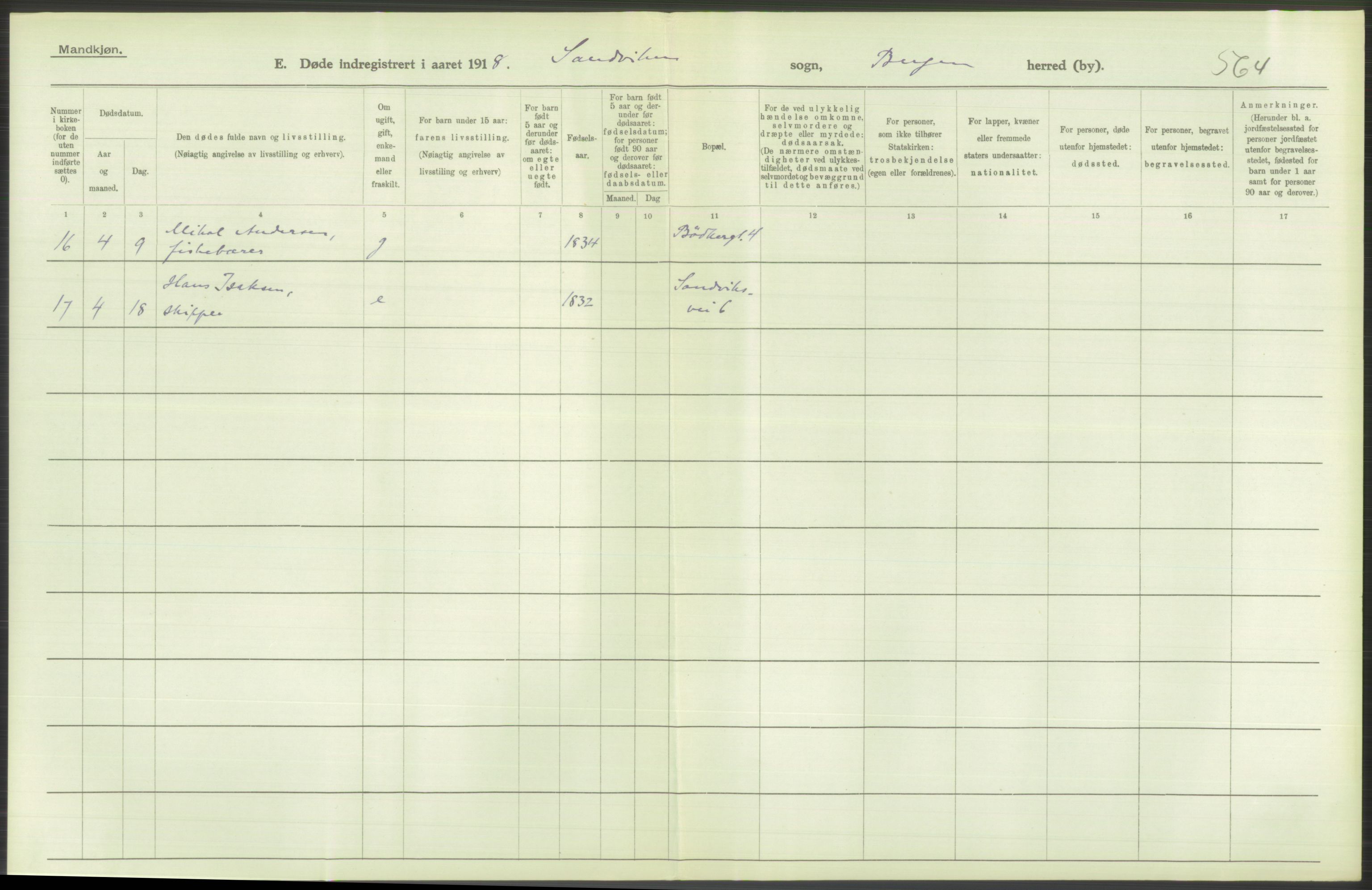 Statistisk sentralbyrå, Sosiodemografiske emner, Befolkning, RA/S-2228/D/Df/Dfb/Dfbh/L0039: Bergen: Døde., 1918, s. 114