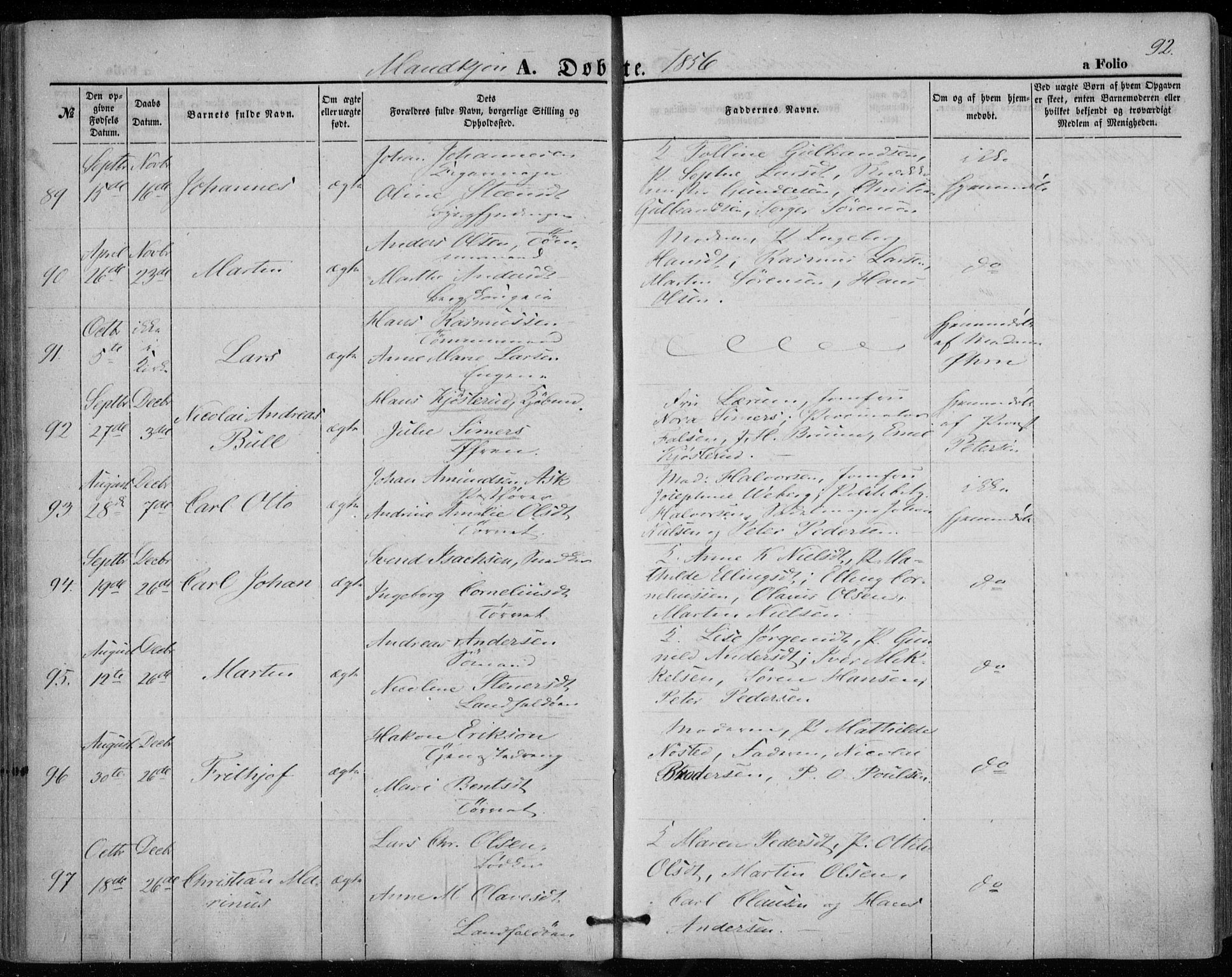 Bragernes kirkebøker, AV/SAKO-A-6/F/Fb/L0002: Ministerialbok nr. II 2, 1848-1859, s. 92