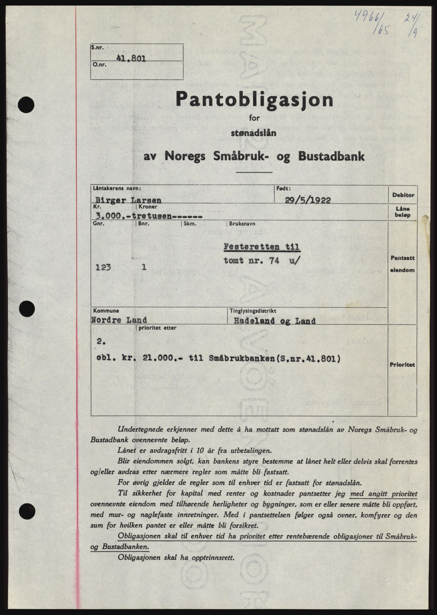 Hadeland og Land tingrett, SAH/TING-010/H/Hb/Hbc/L0060: Pantebok nr. B60, 1965-1965, Dagboknr: 4966/1965