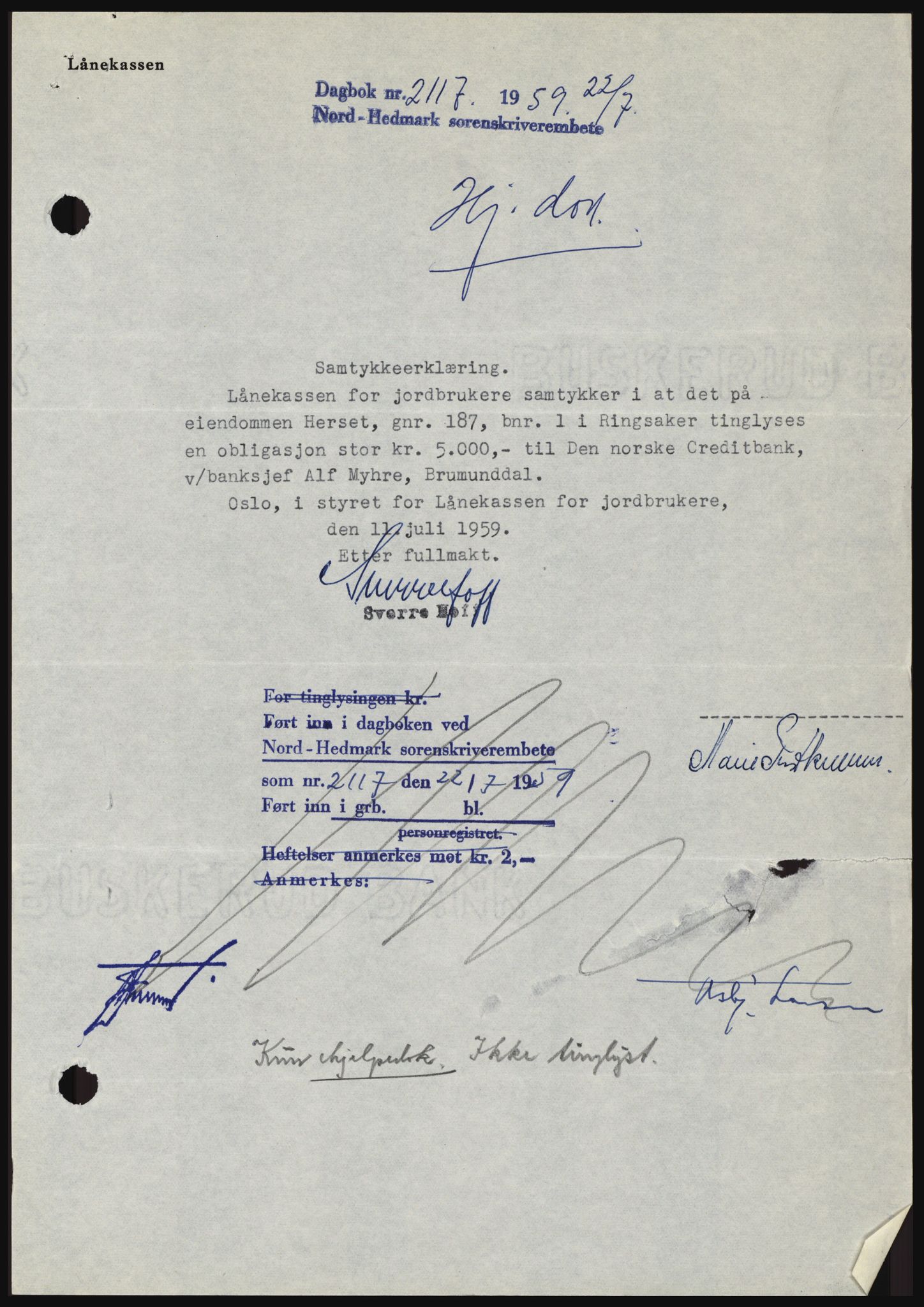 Nord-Hedmark sorenskriveri, SAH/TING-012/H/Hc/L0013: Pantebok nr. 13, 1959-1960, Dagboknr: 2117/1959