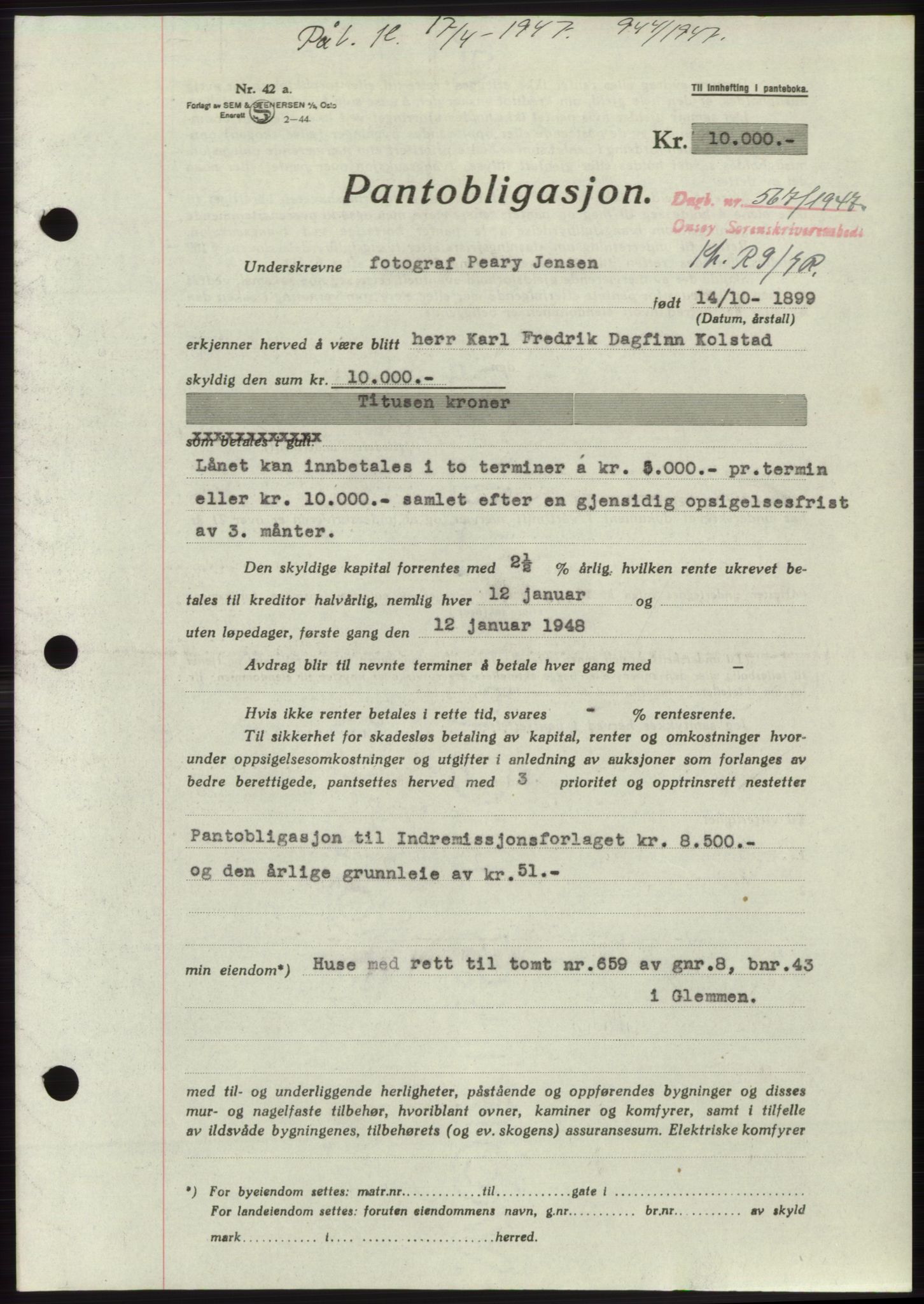 Onsøy sorenskriveri, SAO/A-10474/G/Ga/Gac/L0005: Pantebok nr. B 9-5, 1946-1947, Dagboknr: 567/1947