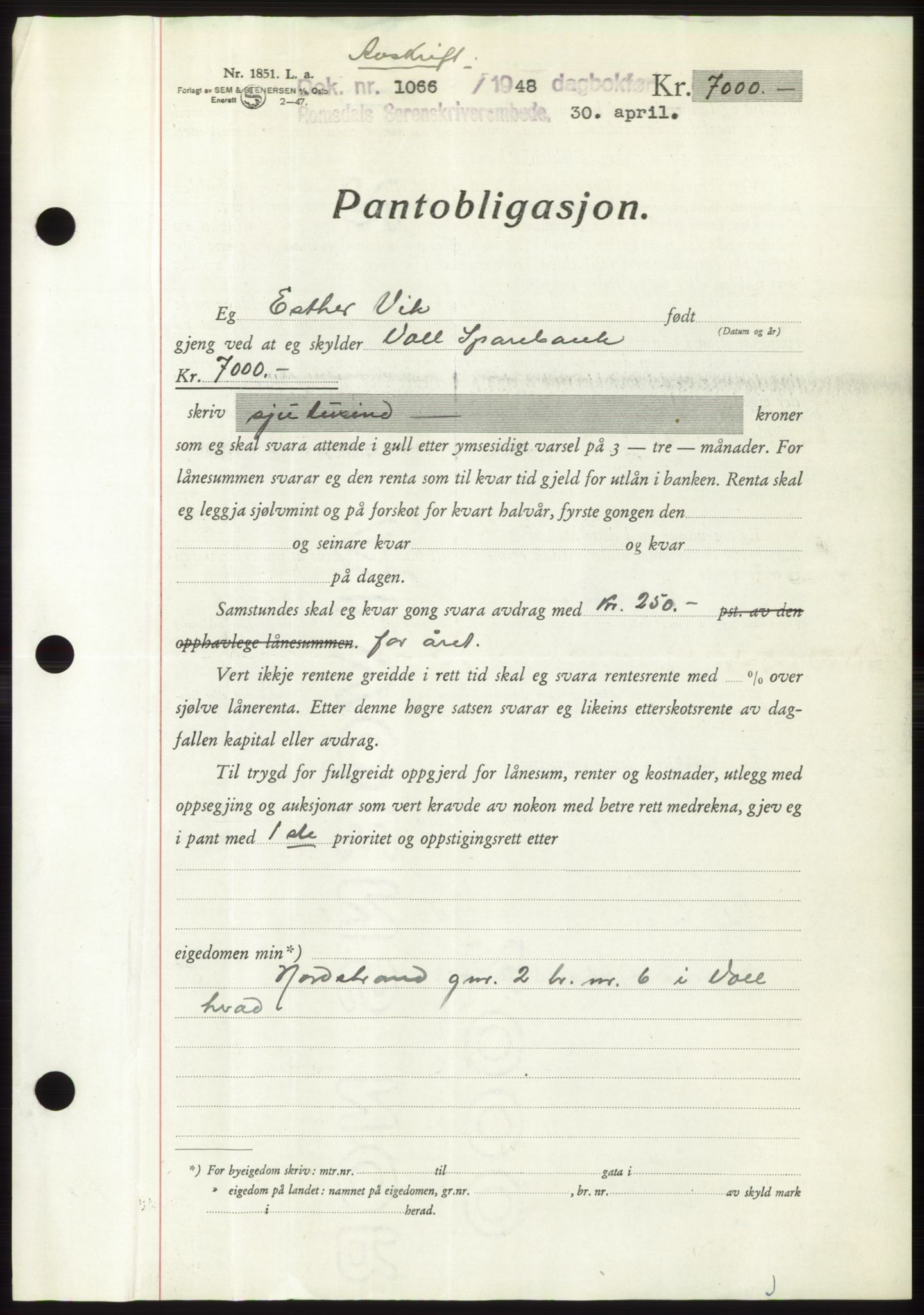 Romsdal sorenskriveri, SAT/A-4149/1/2/2C: Pantebok nr. B3, 1946-1948, Dagboknr: 1066/1948
