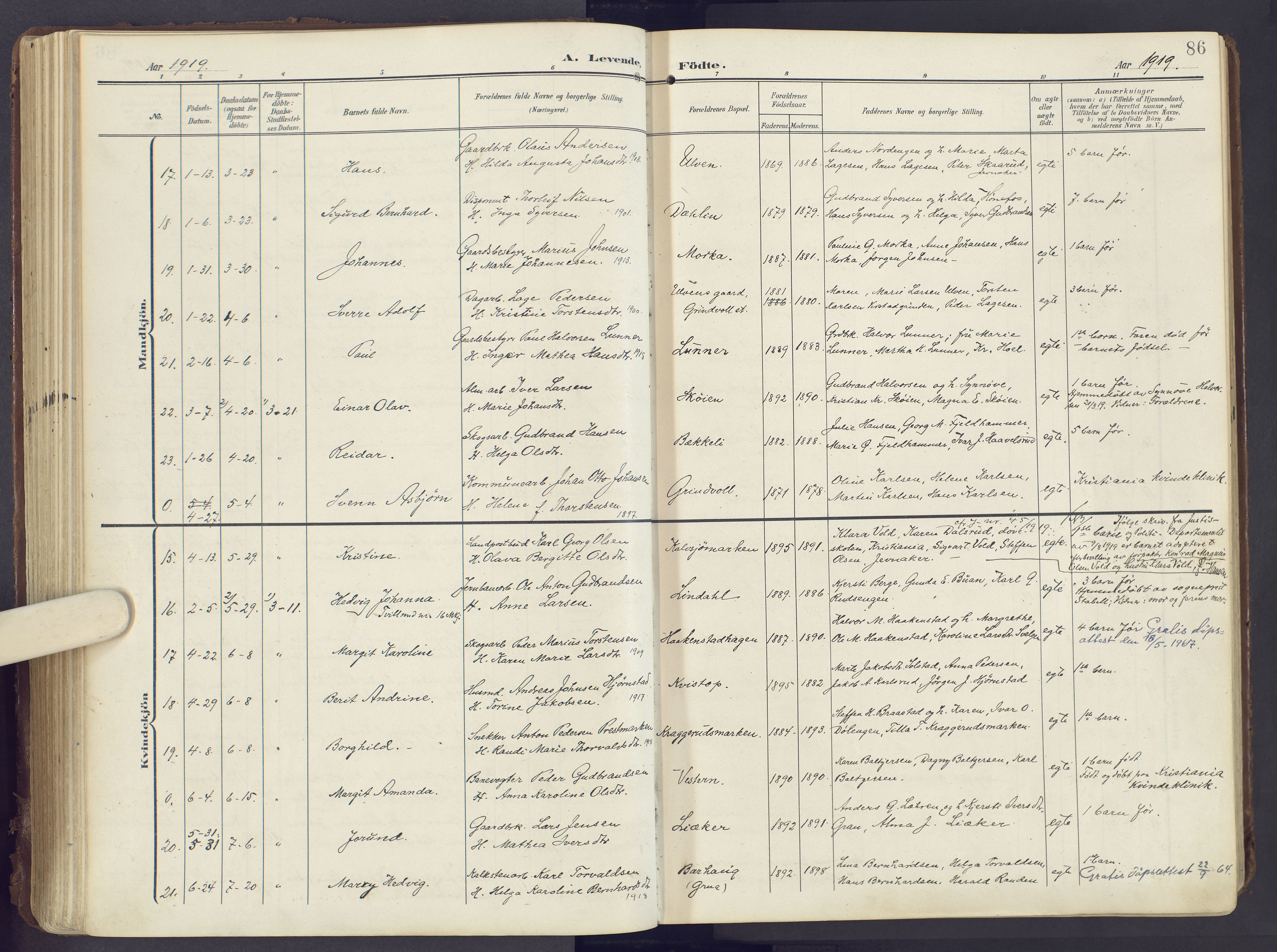 Lunner prestekontor, AV/SAH-PREST-118/H/Ha/Haa/L0001: Ministerialbok nr. 1, 1907-1922, s. 86
