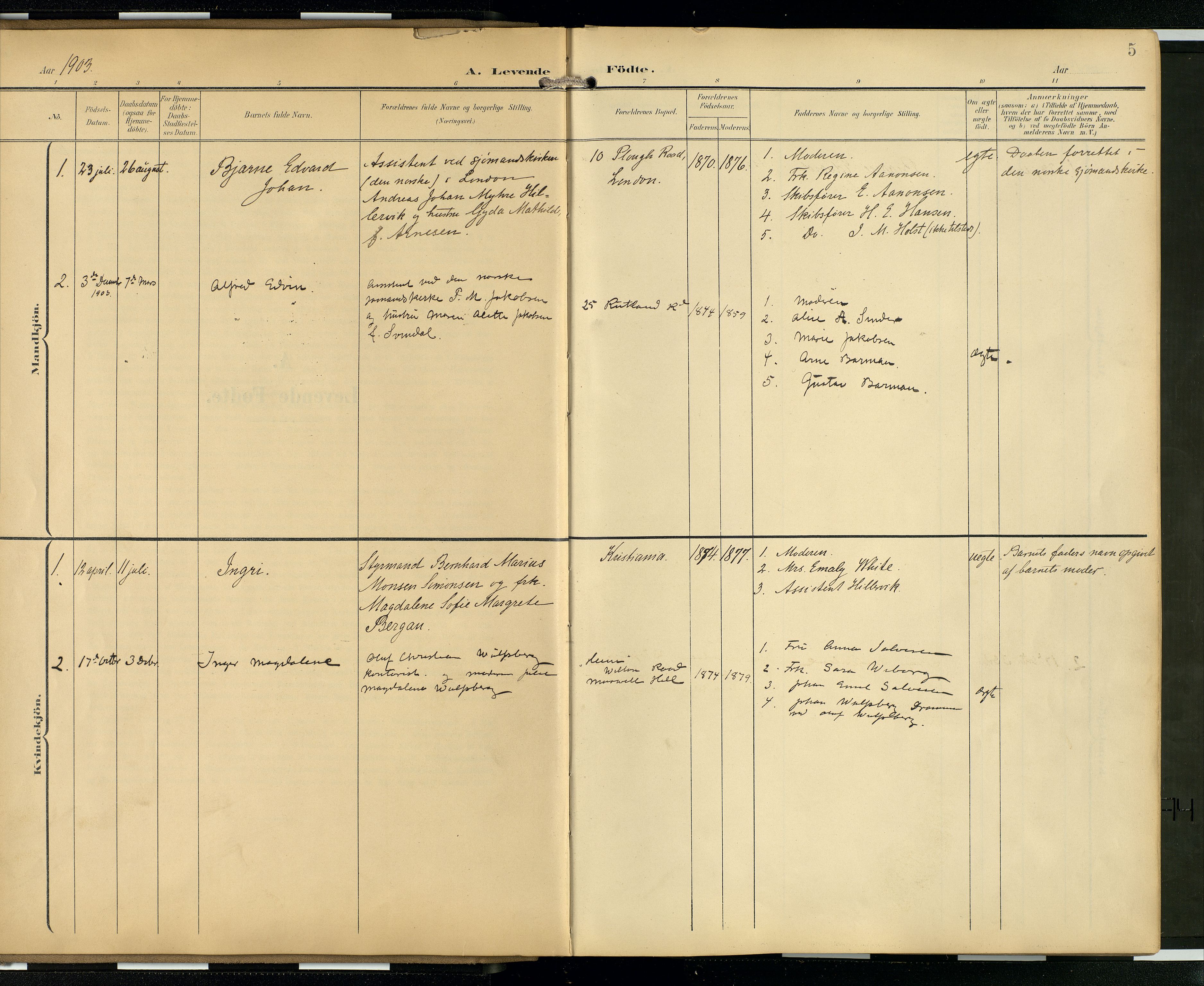 Den norske sjømannsmisjon i utlandet/London m/bistasjoner, AV/SAB-SAB/PA-0103/H/Ha/L0003: Ministerialbok nr. A 3, 1903-1934, s. 4b-5a