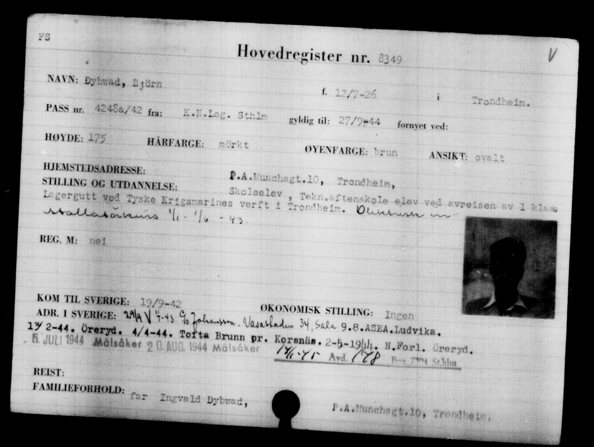 Utenriksstasjonene, Legasjonen i Stockholm, Flyktningkontoret, AV/RA-S-6753/V/Va/L0005: Kjesäterkartoteket, flyktninger med registreringsnr. 6600-9417, 1940-1945, s. 2029