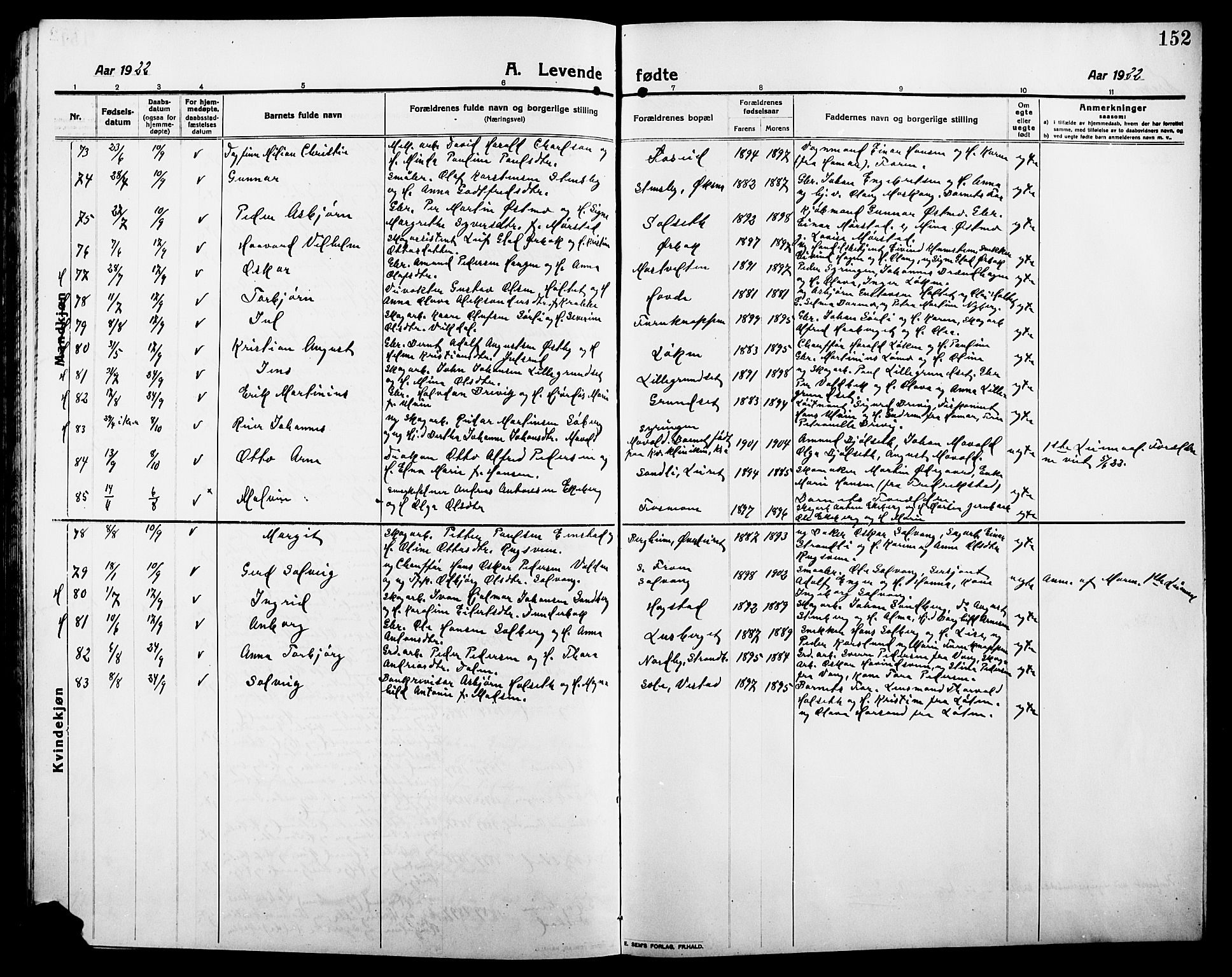 Elverum prestekontor, AV/SAH-PREST-044/H/Ha/Hab/L0010: Klokkerbok nr. 10, 1912-1922, s. 152